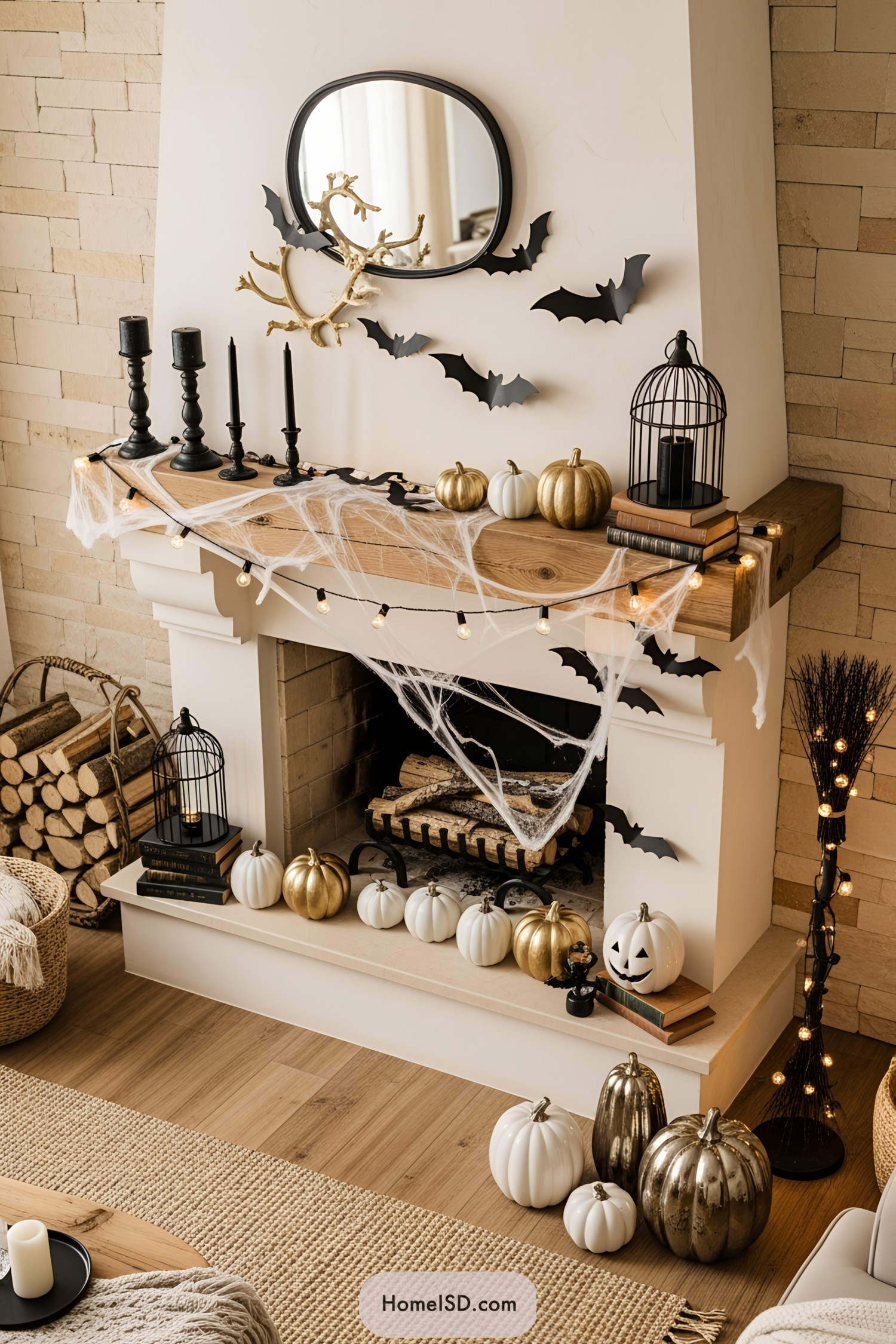 Elegant Halloween fireplace decor with pumpkins, bats, and cobwebs