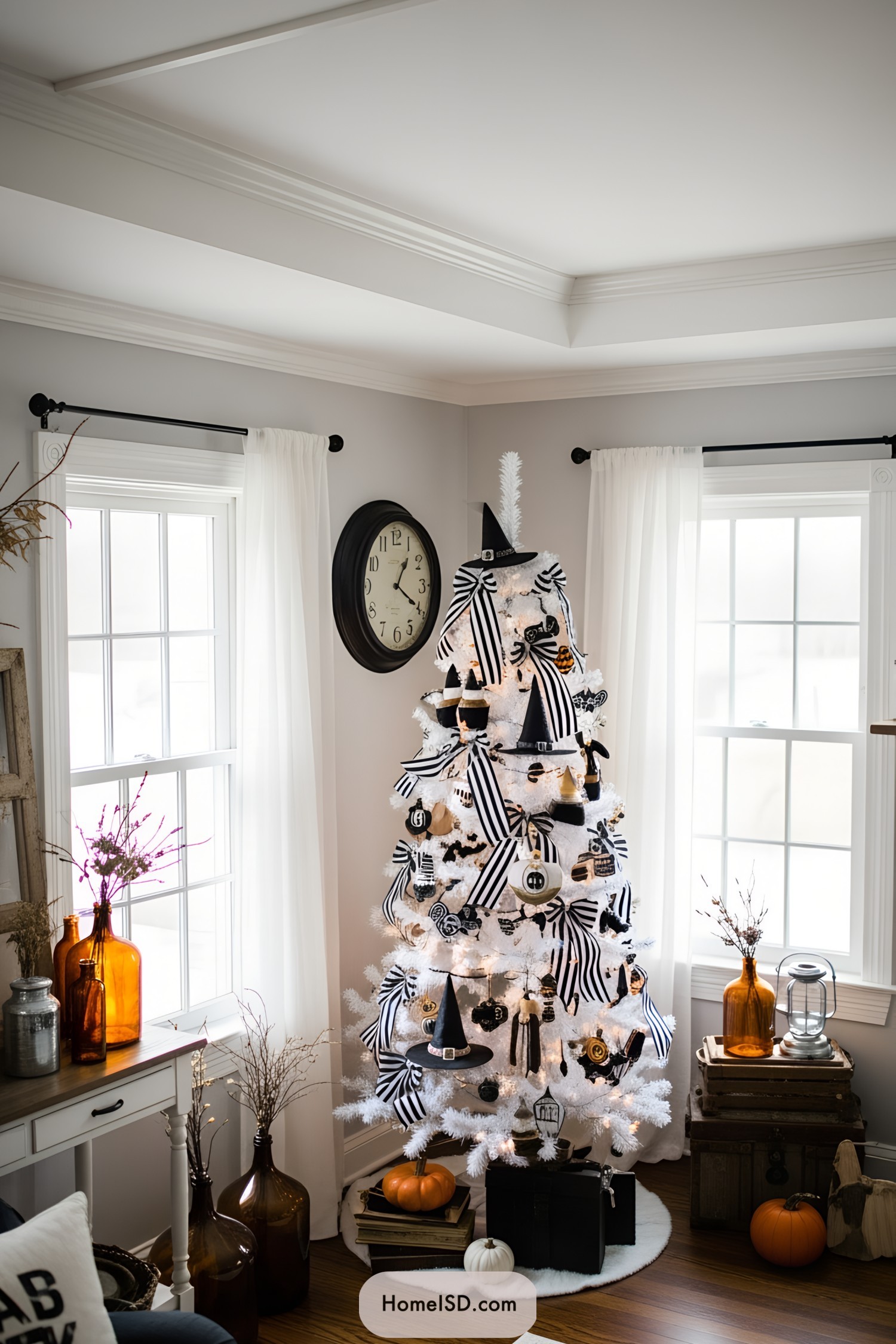White Halloween tree with black and orange accents