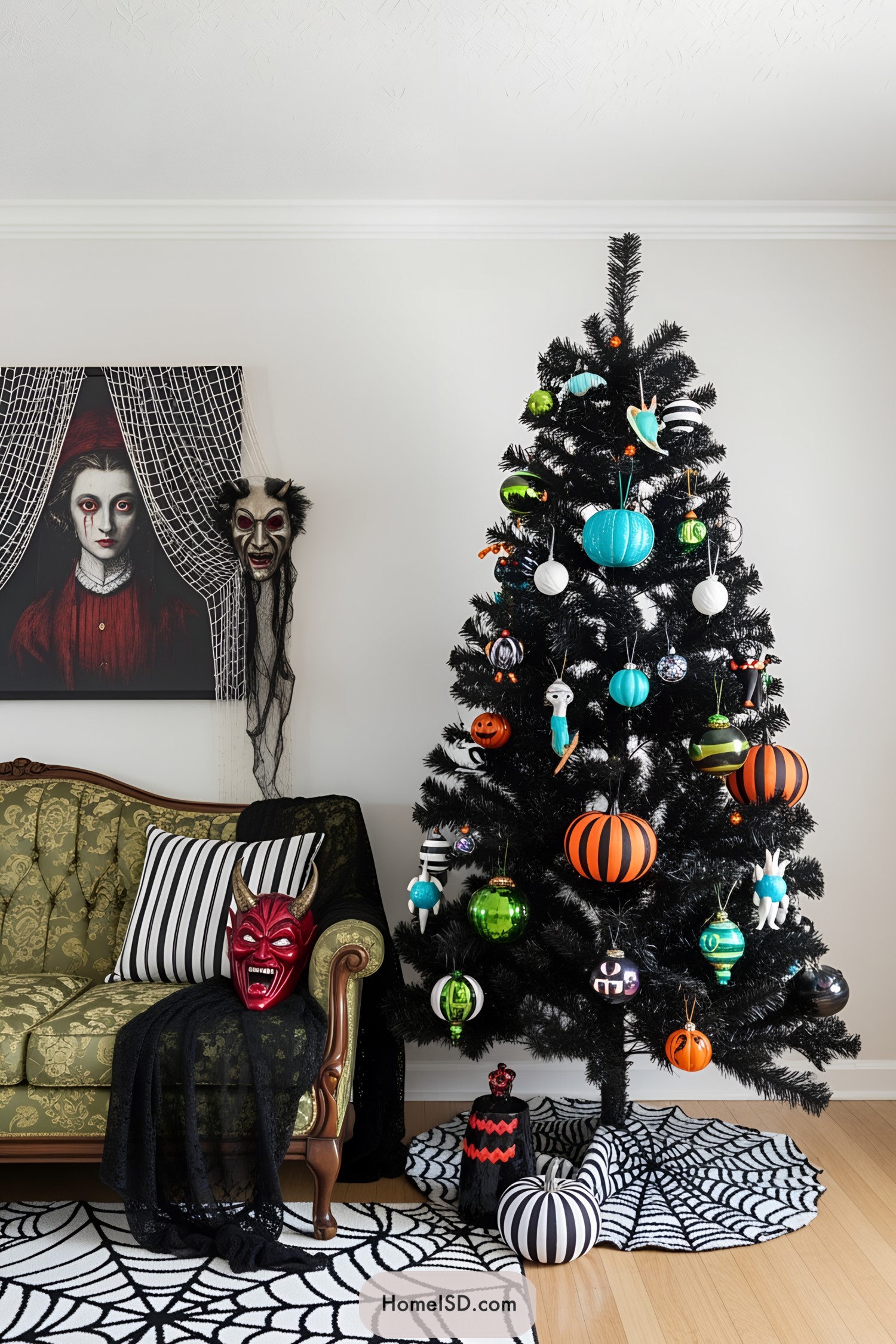 Halloween-decorated tree with vibrant ornaments