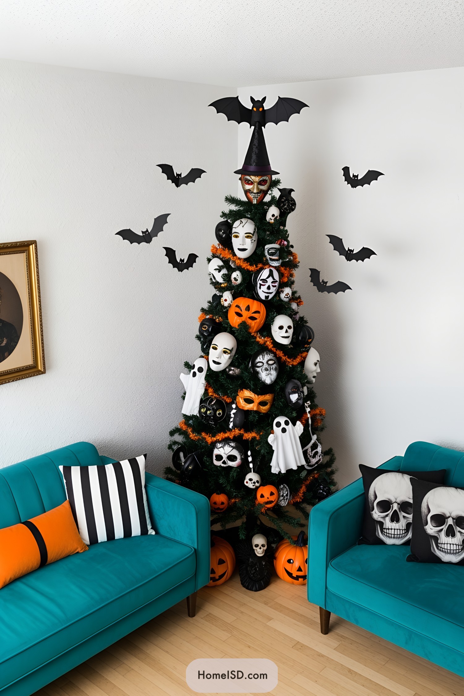 A Halloween tree adorned with masks, pumpkins, and bat decorations