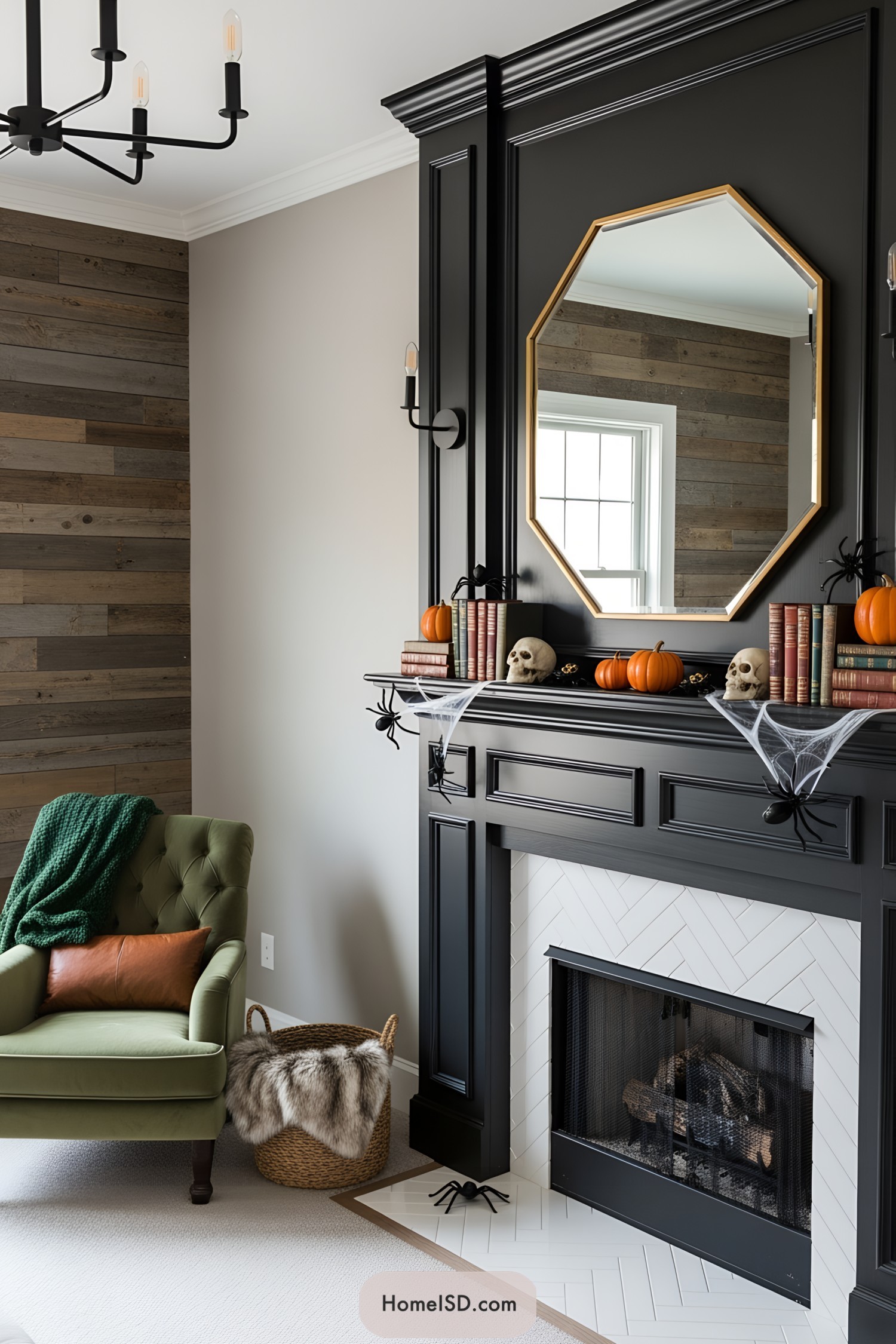 A chic mantel with pumpkins, skulls, and books