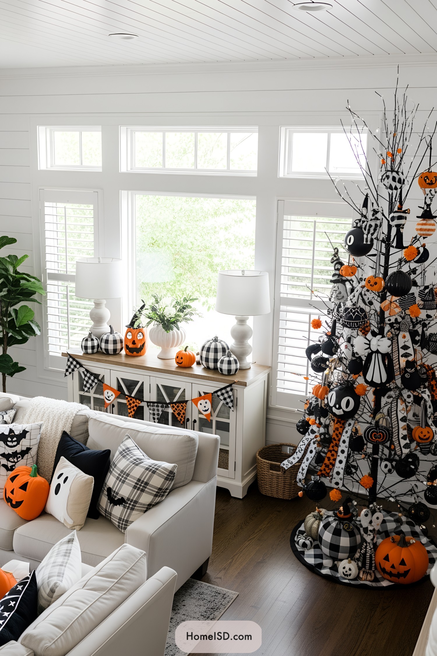 Halloween-themed living room with tree and decor