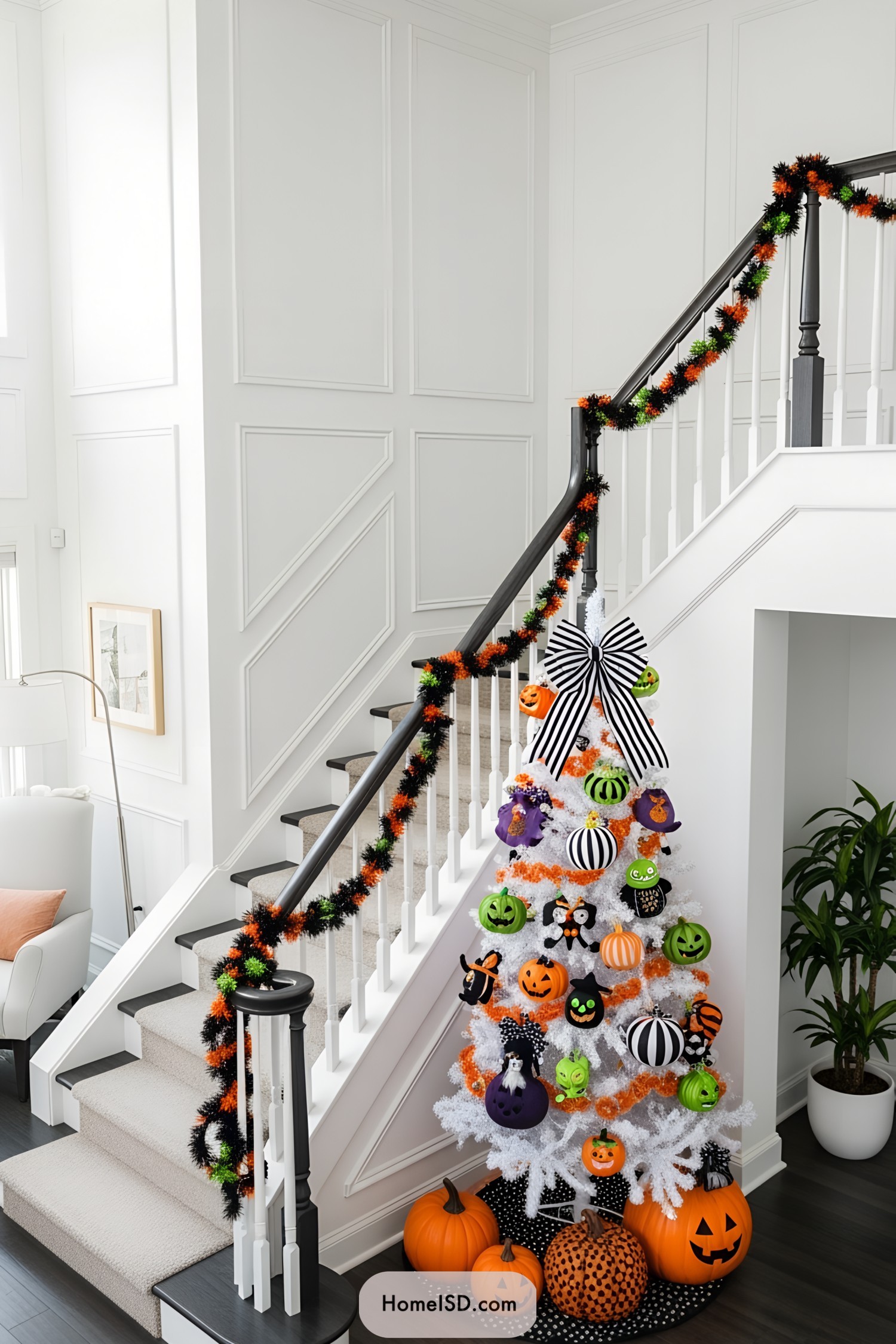 Halloween tree with pumpkins and vibrant décor in a stylish living space