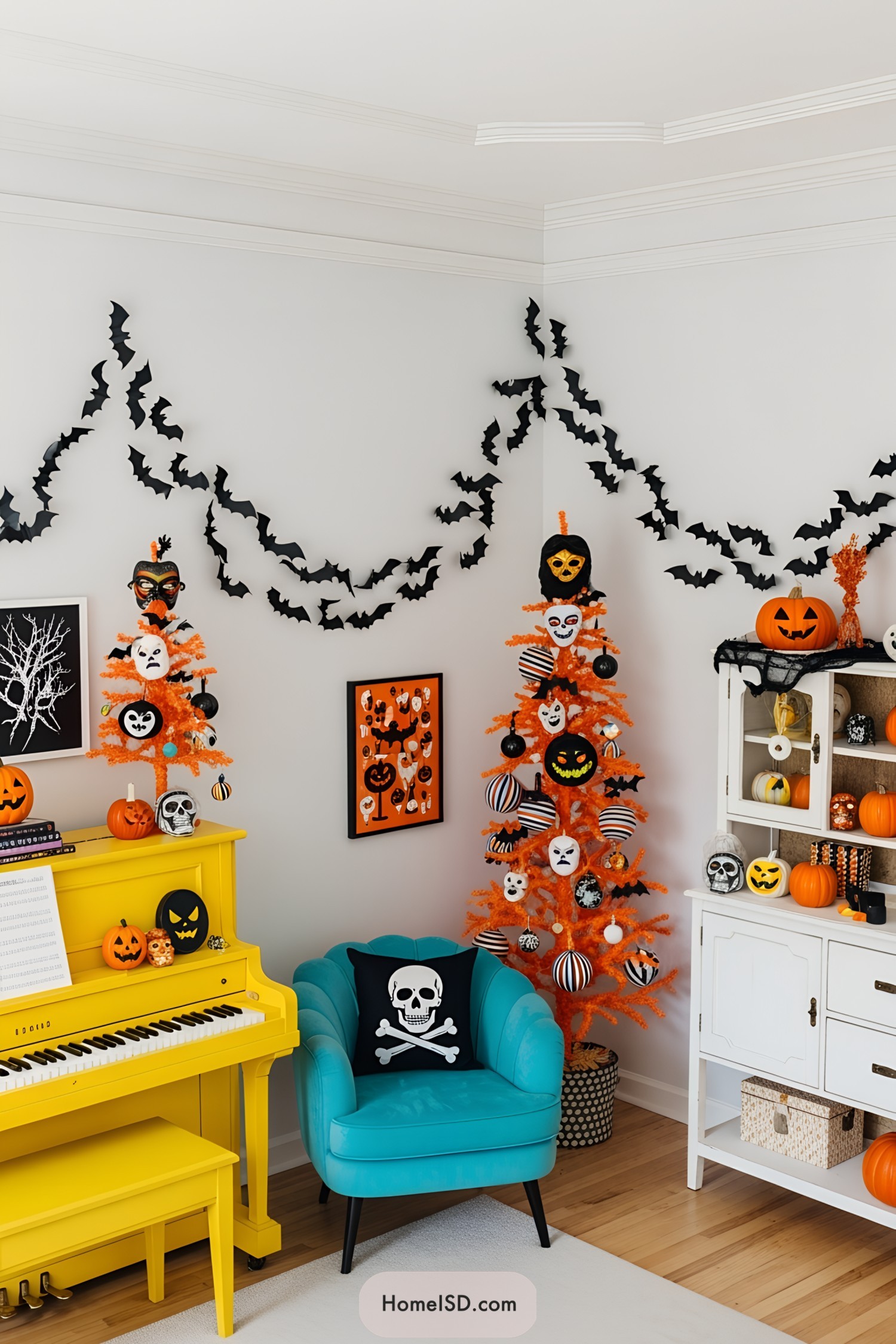 Orange Halloween trees decorated with spooky ornaments in a lively room