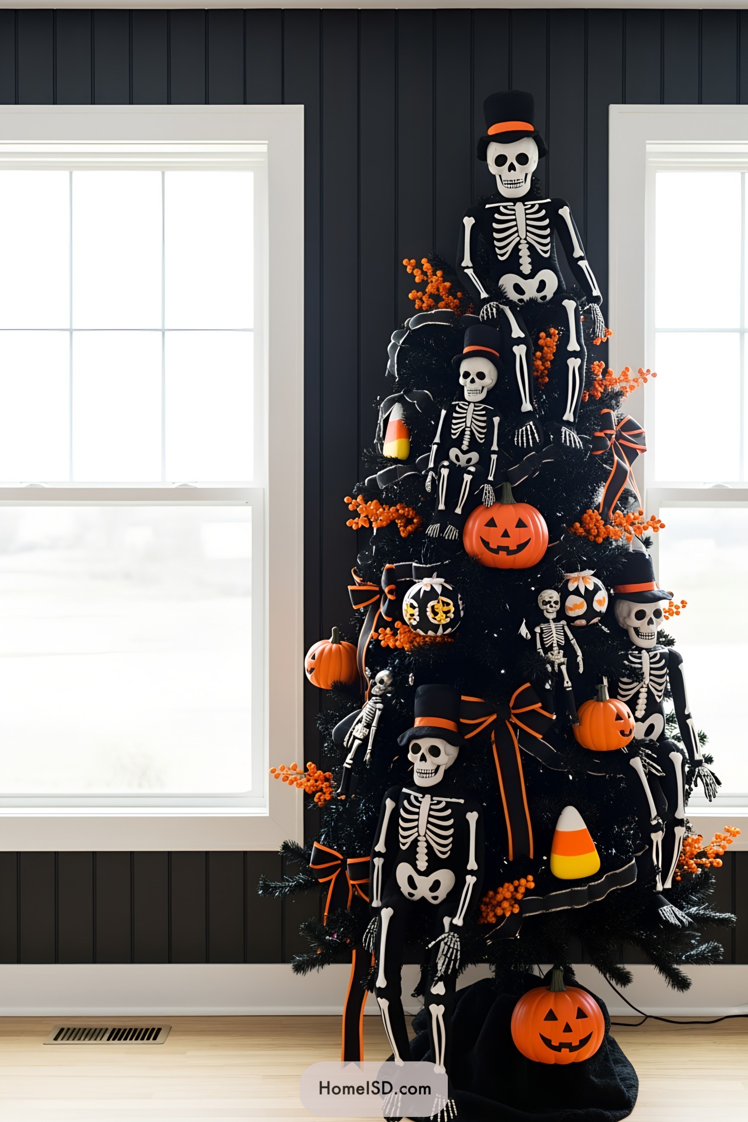 Halloween-themed tree adorned with skeletons and pumpkins