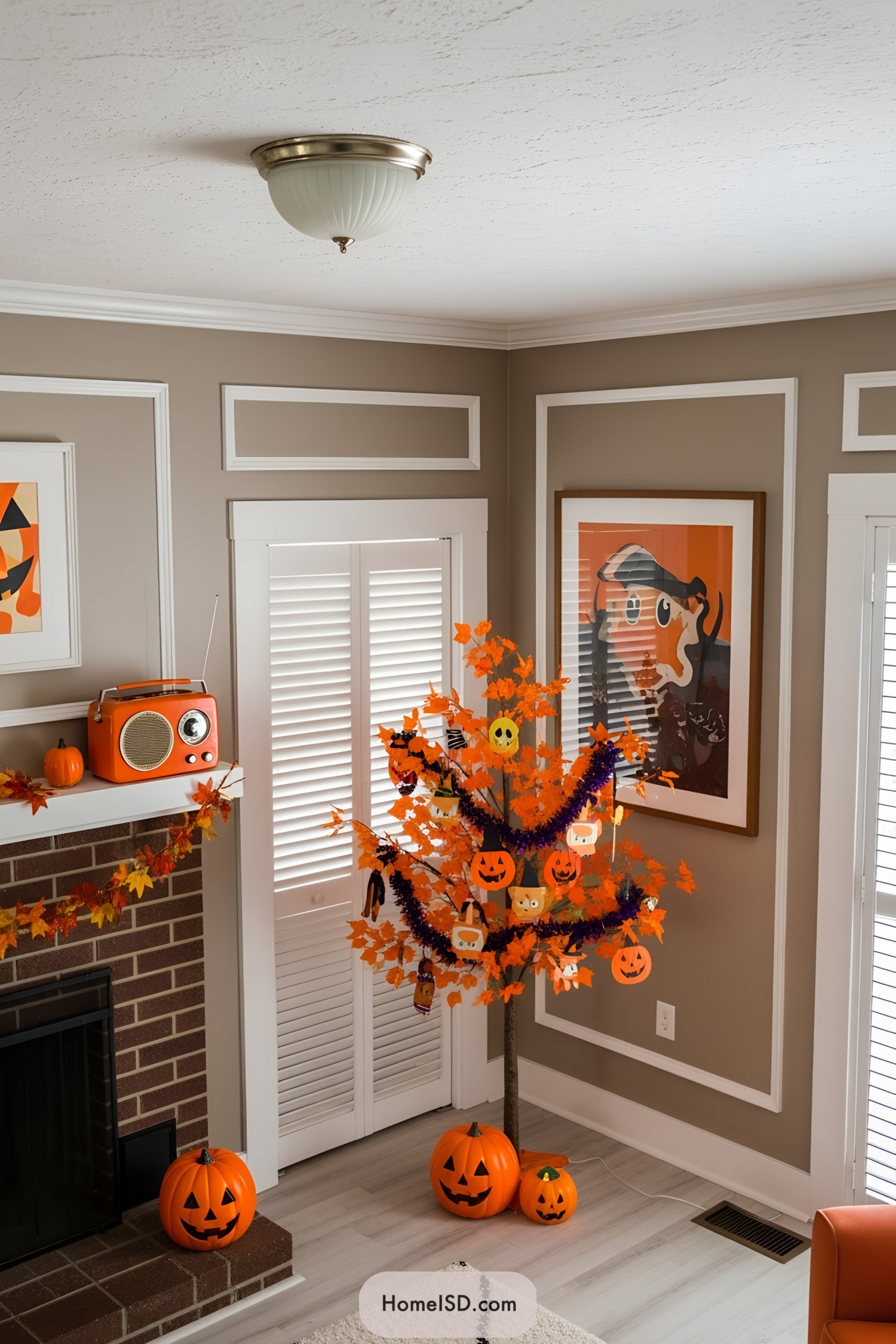 Halloween-themed tree with pumpkins and decorations