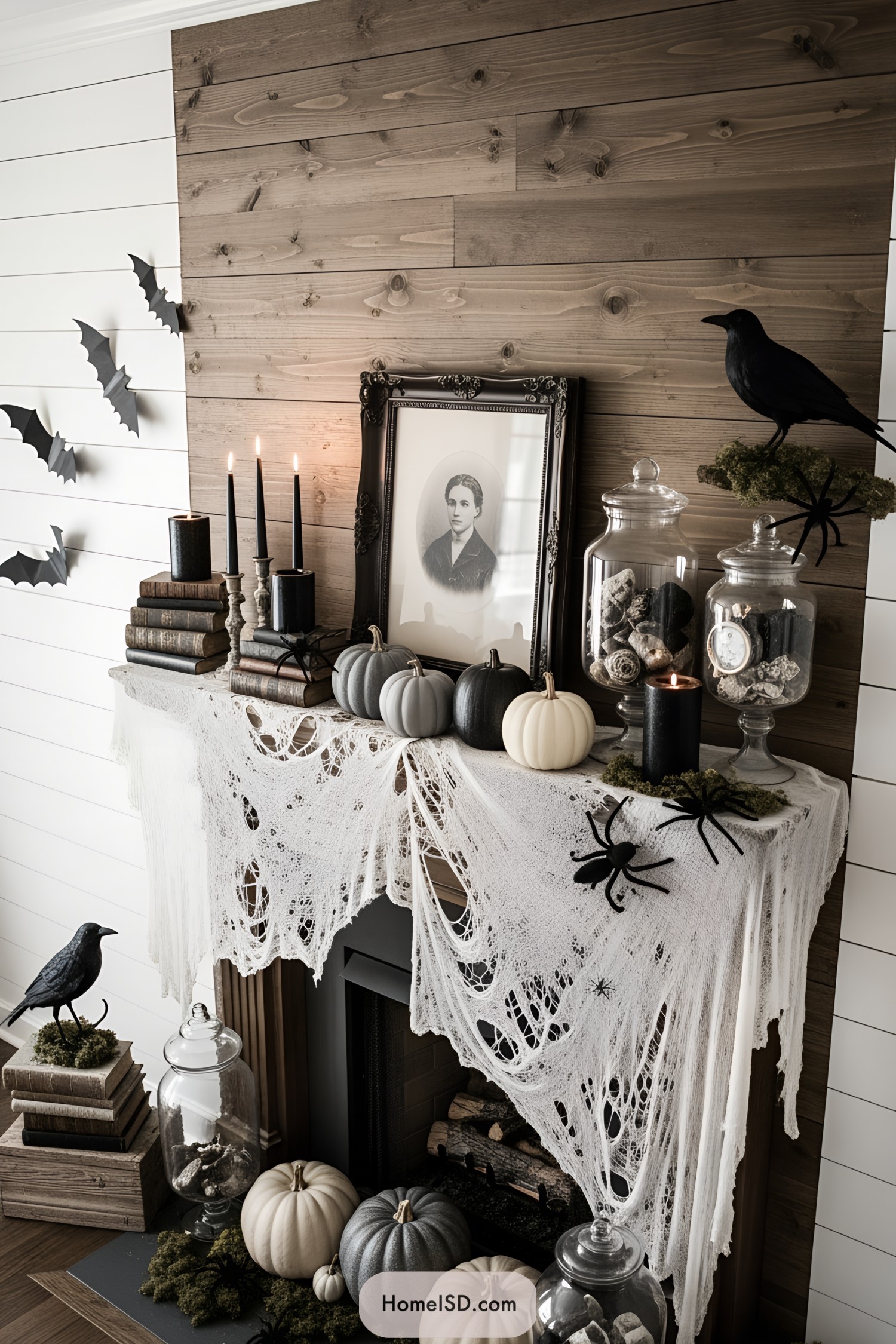 Halloween mantel with ravens, pumpkins, and cobwebs