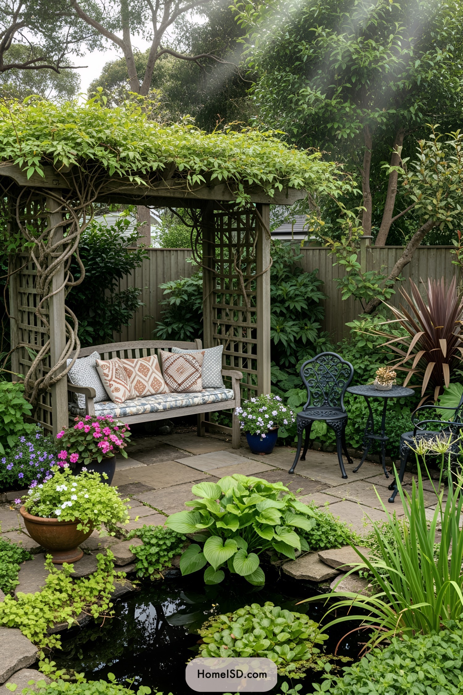 Tranquil patio with a vine-covered pergola
