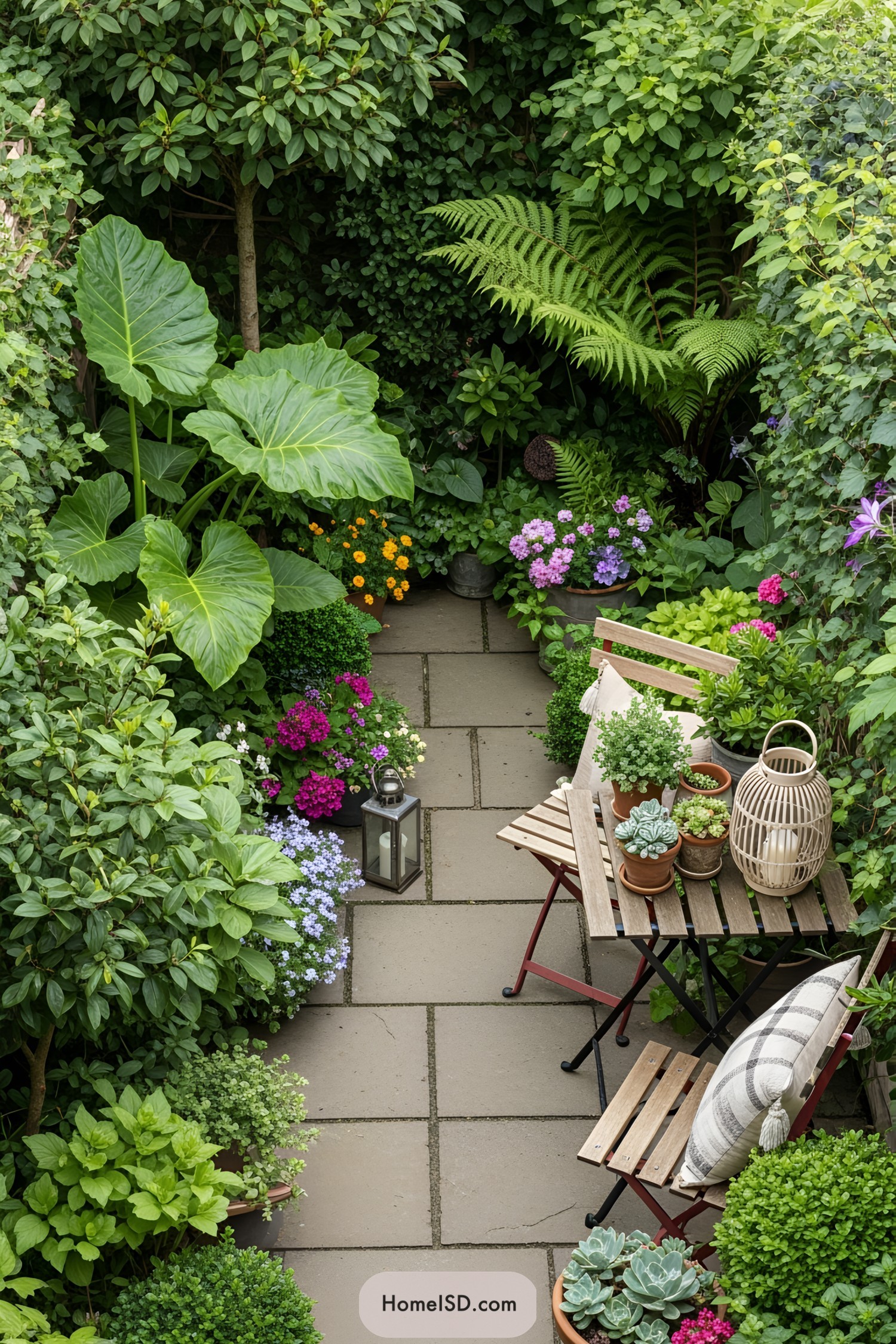 Small patio with colorful plants and cozy seating