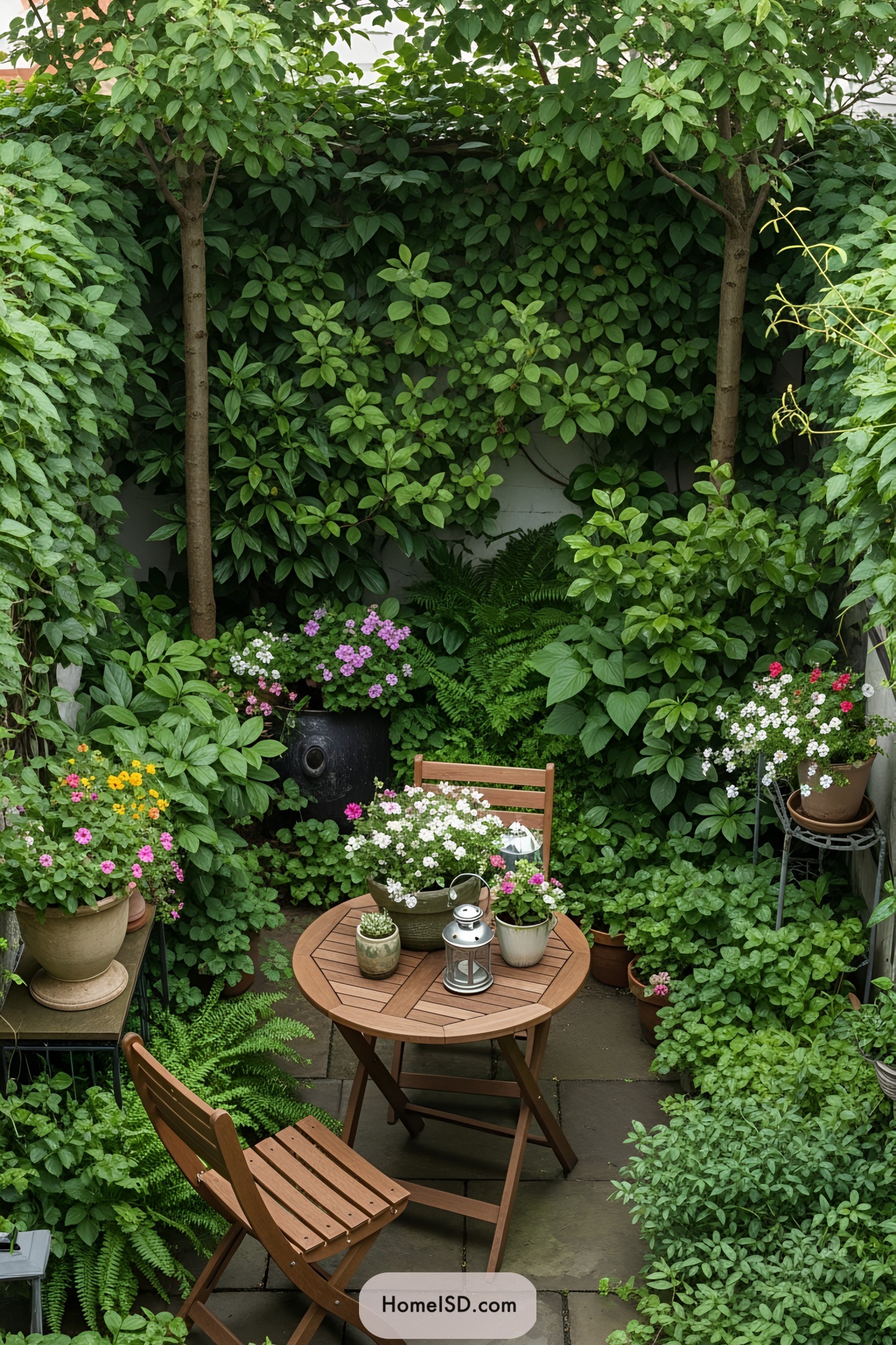 Cozy garden nook with vibrant plants and wooden furniture