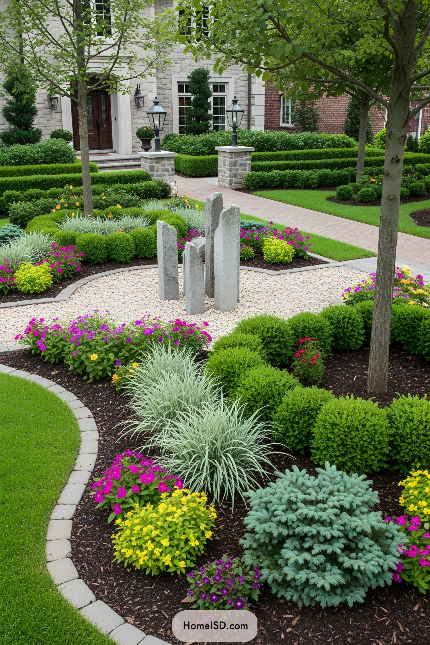 Front garden with diverse flower beds and a stone path