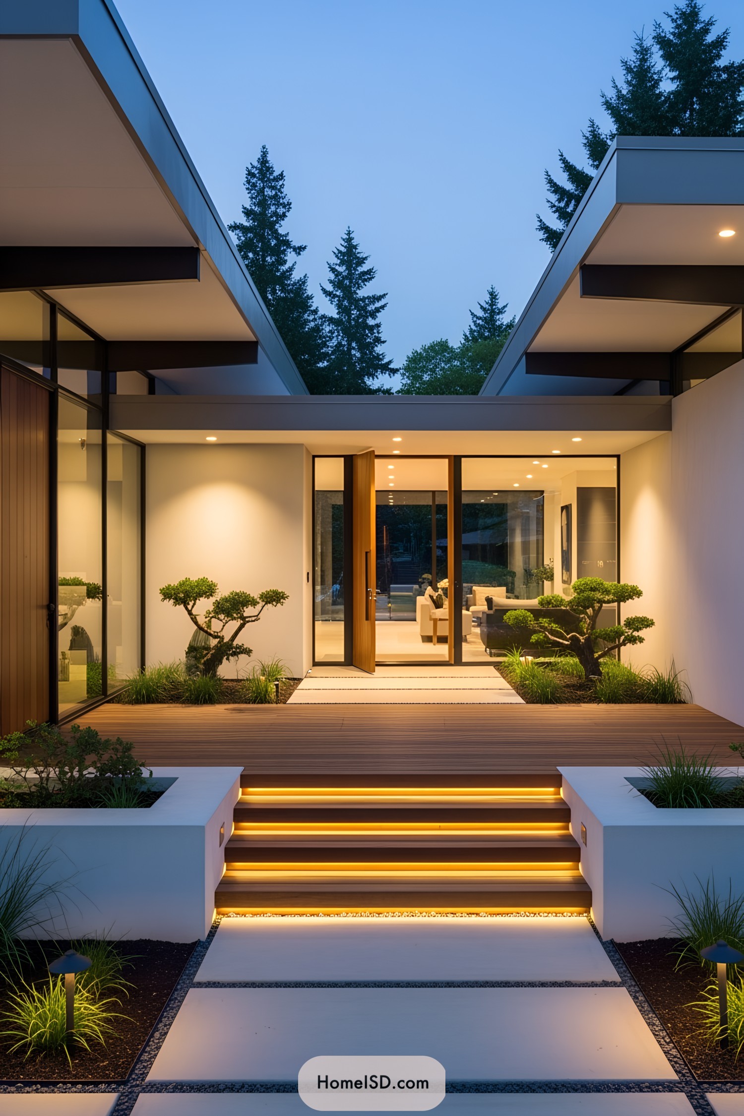 A modern entrance with lit steps, clean lines, and lush greenery