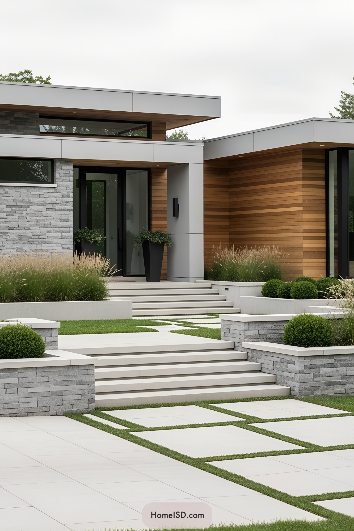 Modern house exterior with clean lines and greenery