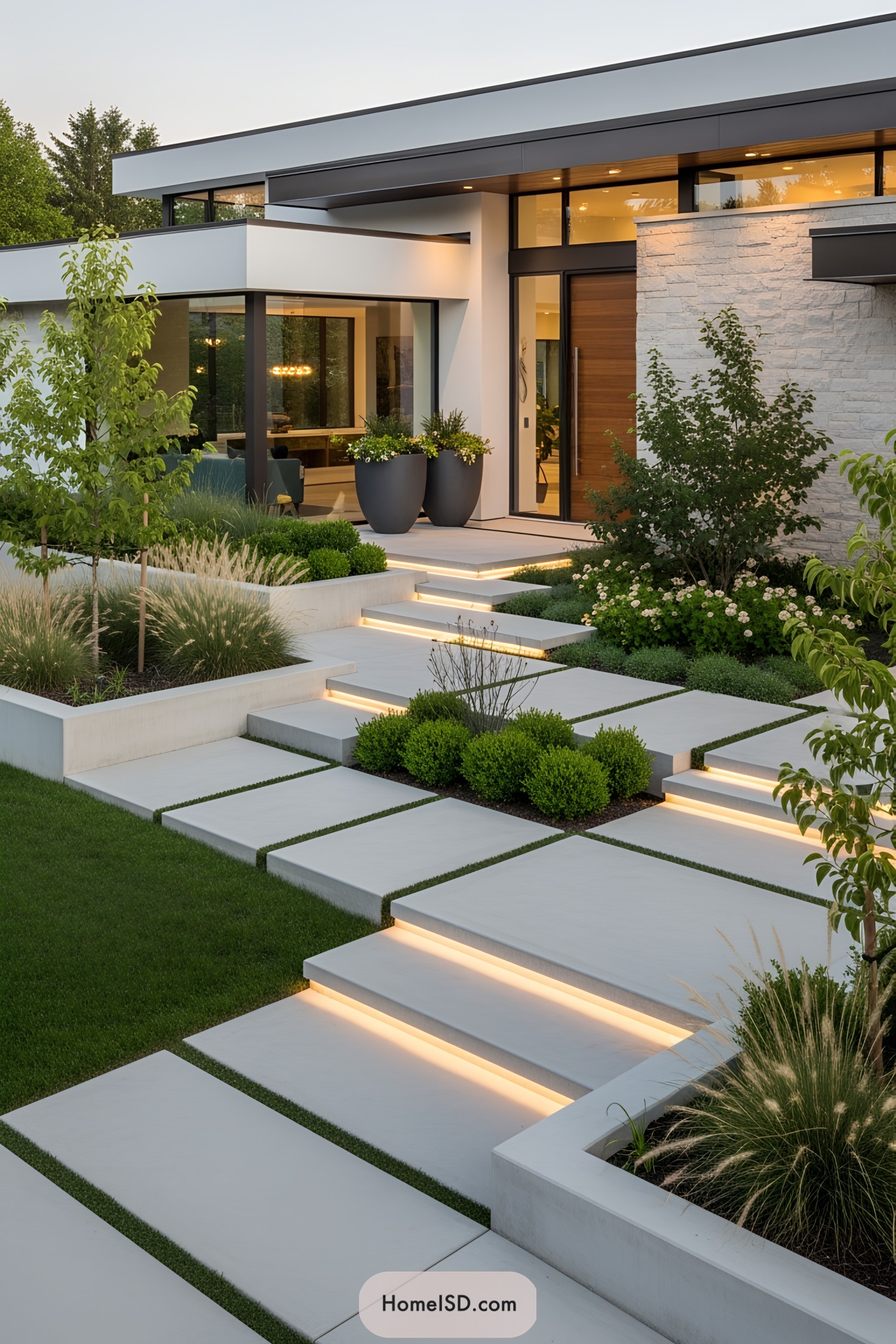 Modern front yard landscaping with tiered stone steps and lush greenery