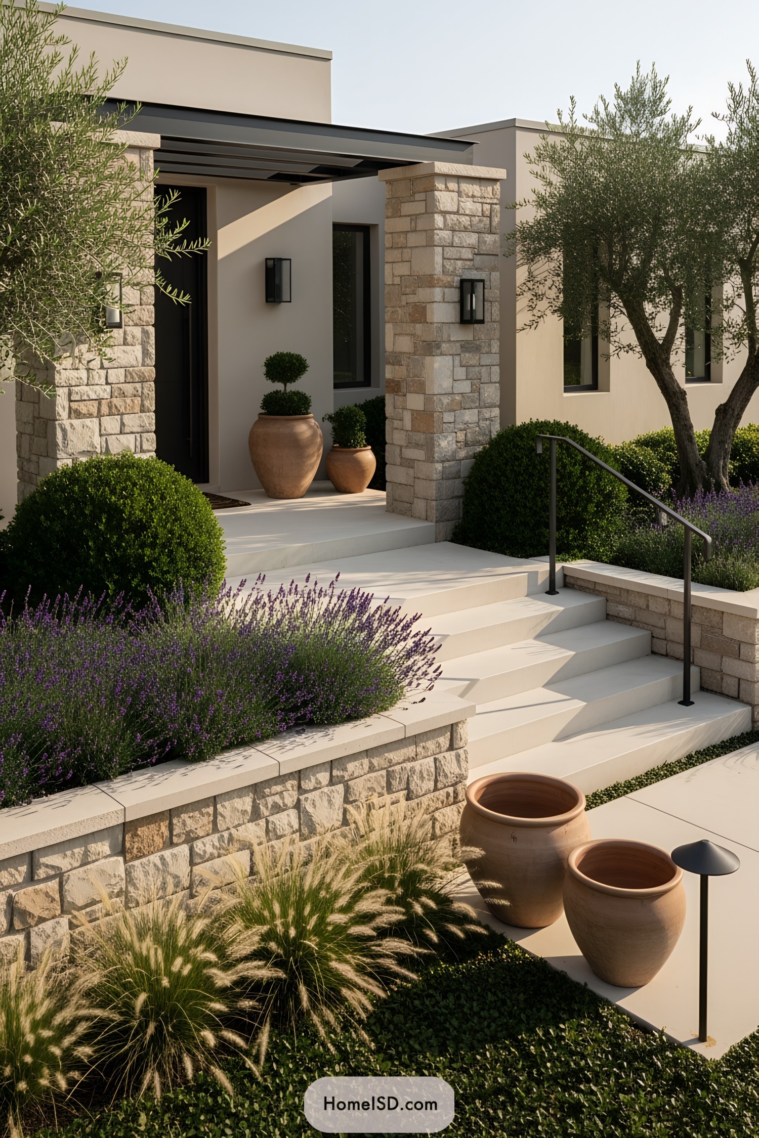 Modern stone-clad entryway with lush plants