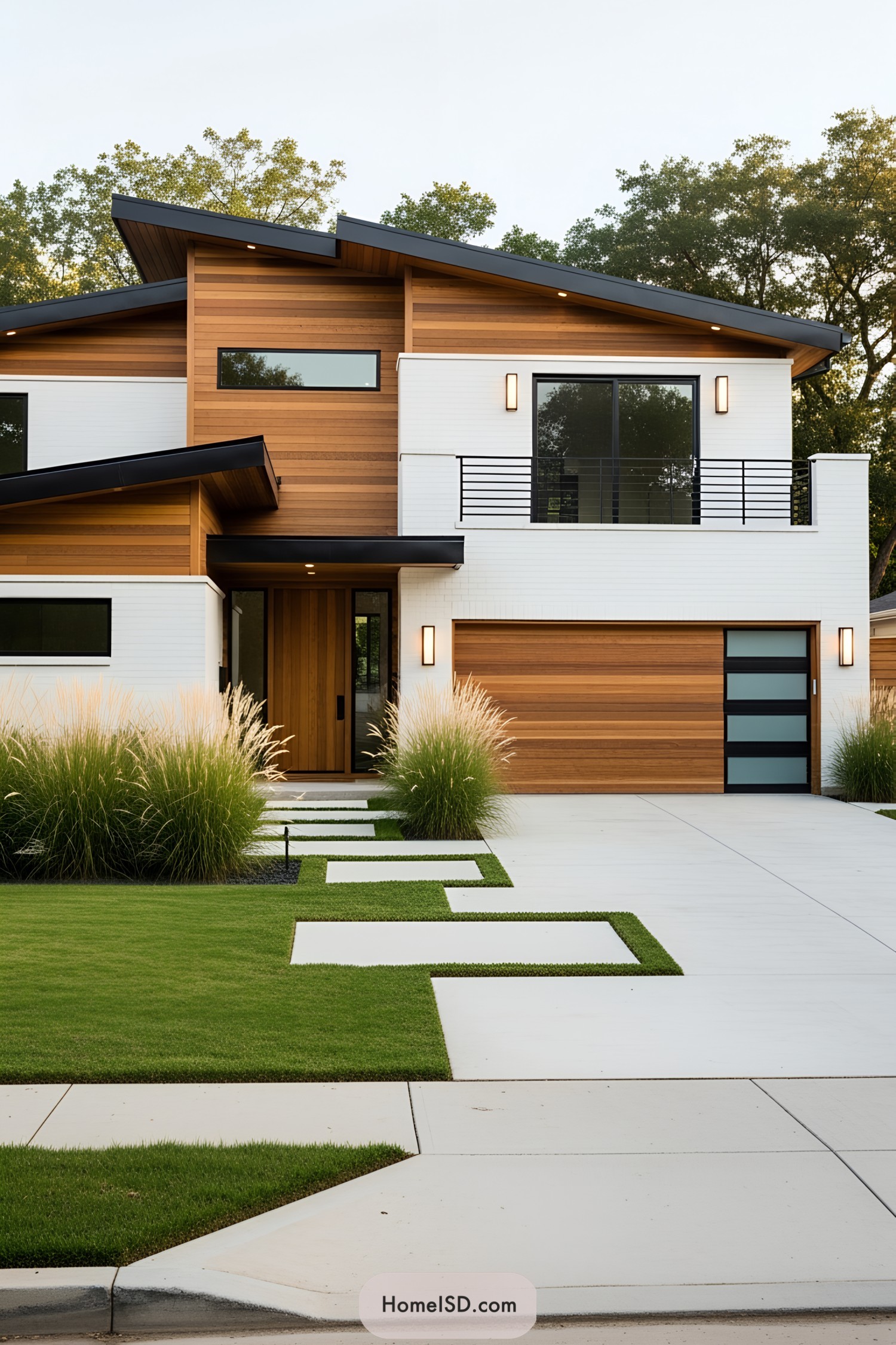 Stylish home facade with wood and white elements