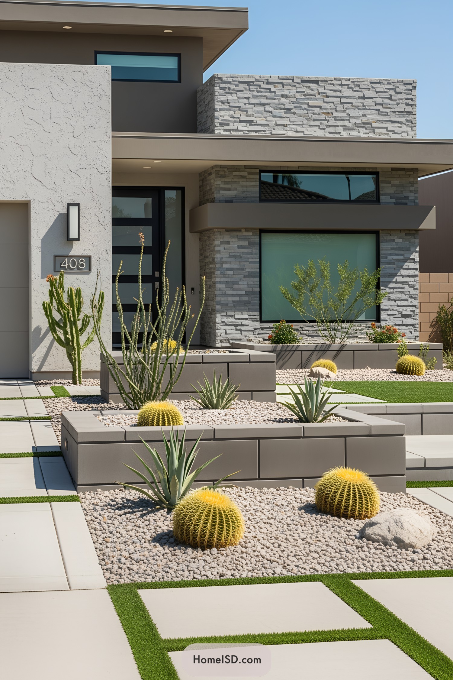A stylish entrance with geometric planters and desert plants