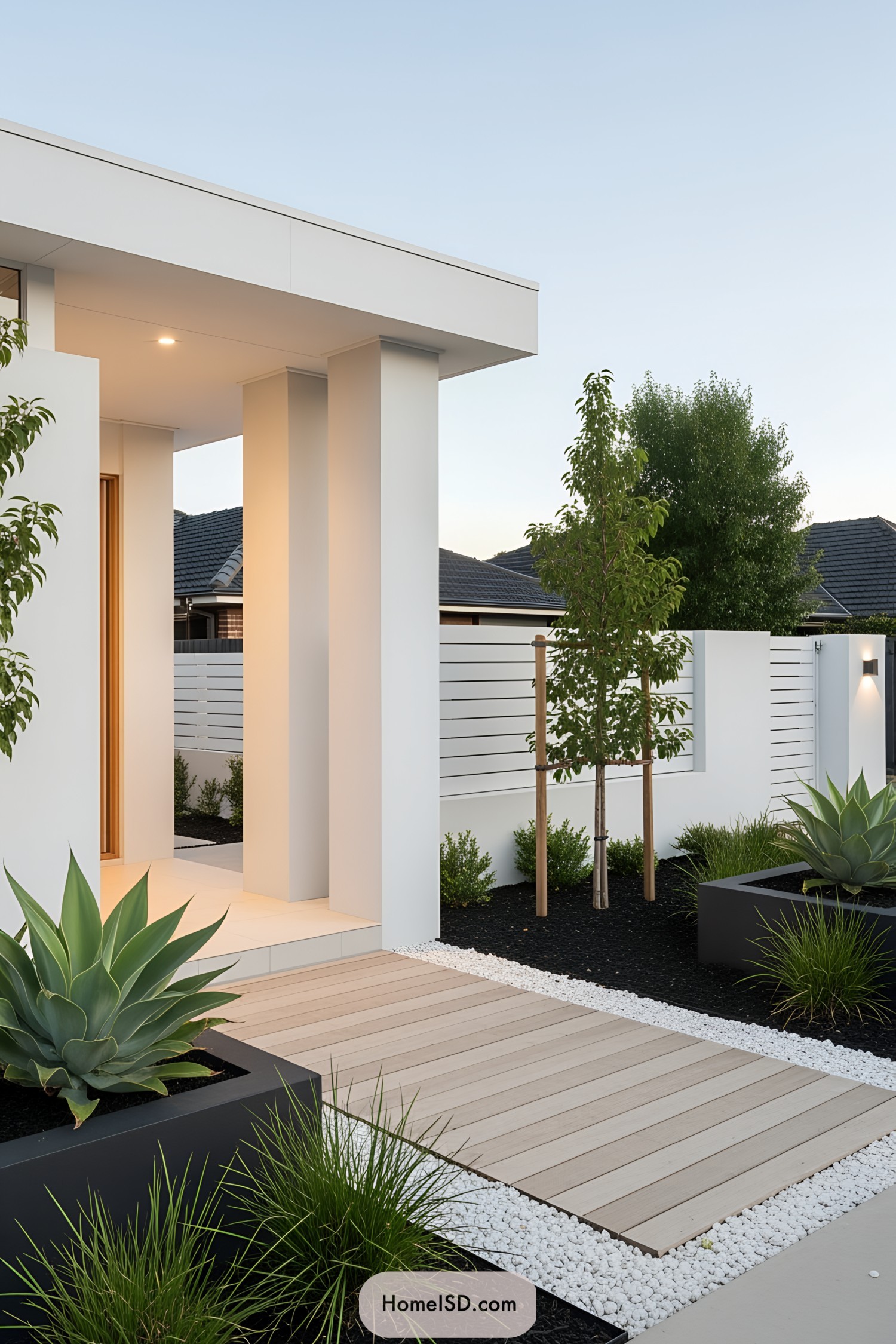 Modern entrance with white facade, wooden walkway, and lush landscaping