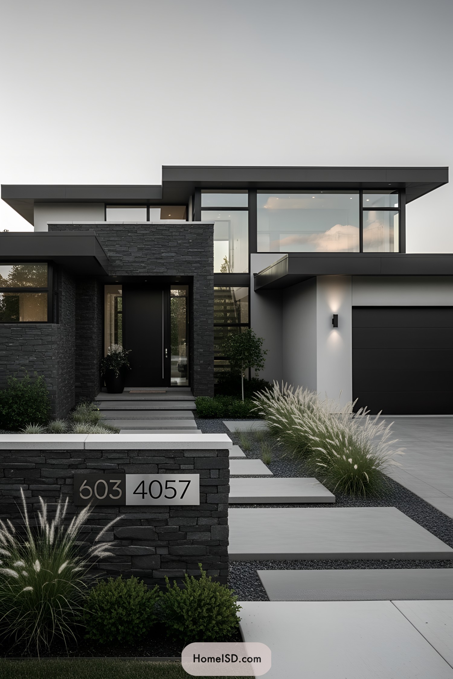 Modern house exterior with sleek stone design and minimalist landscaping