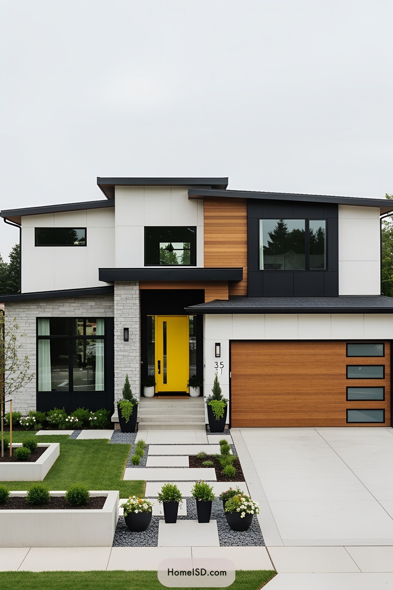 Modern house with a yellow front door, sleek lines, and manicured landscaping