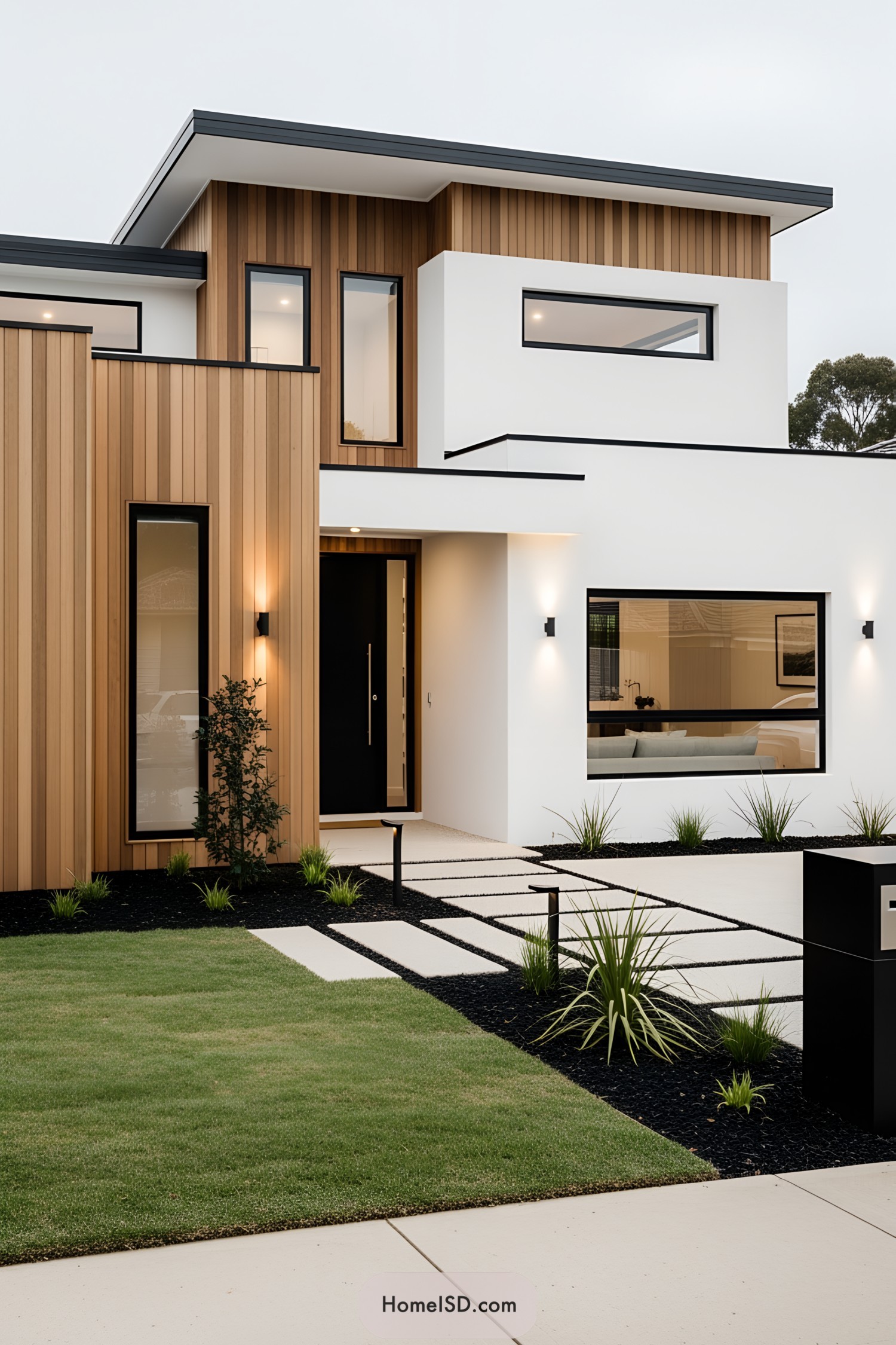 Modern home exterior with a geometric driveway and wood accents