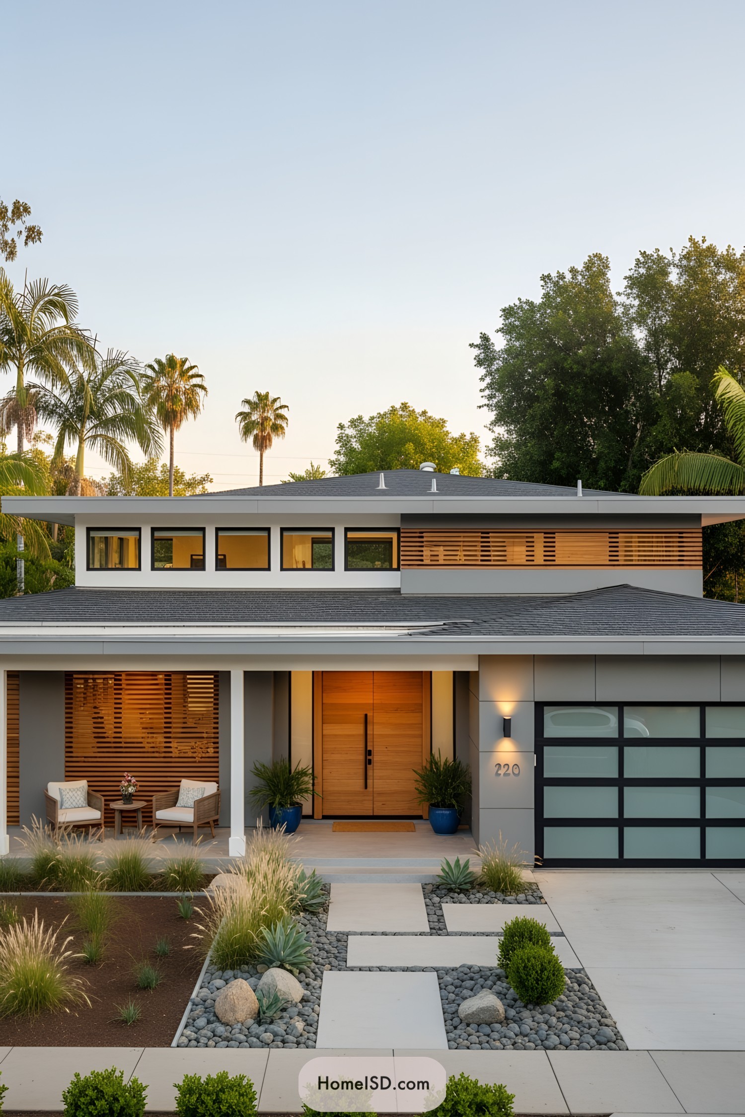 Modern home façade with clean lines and lush landscaping