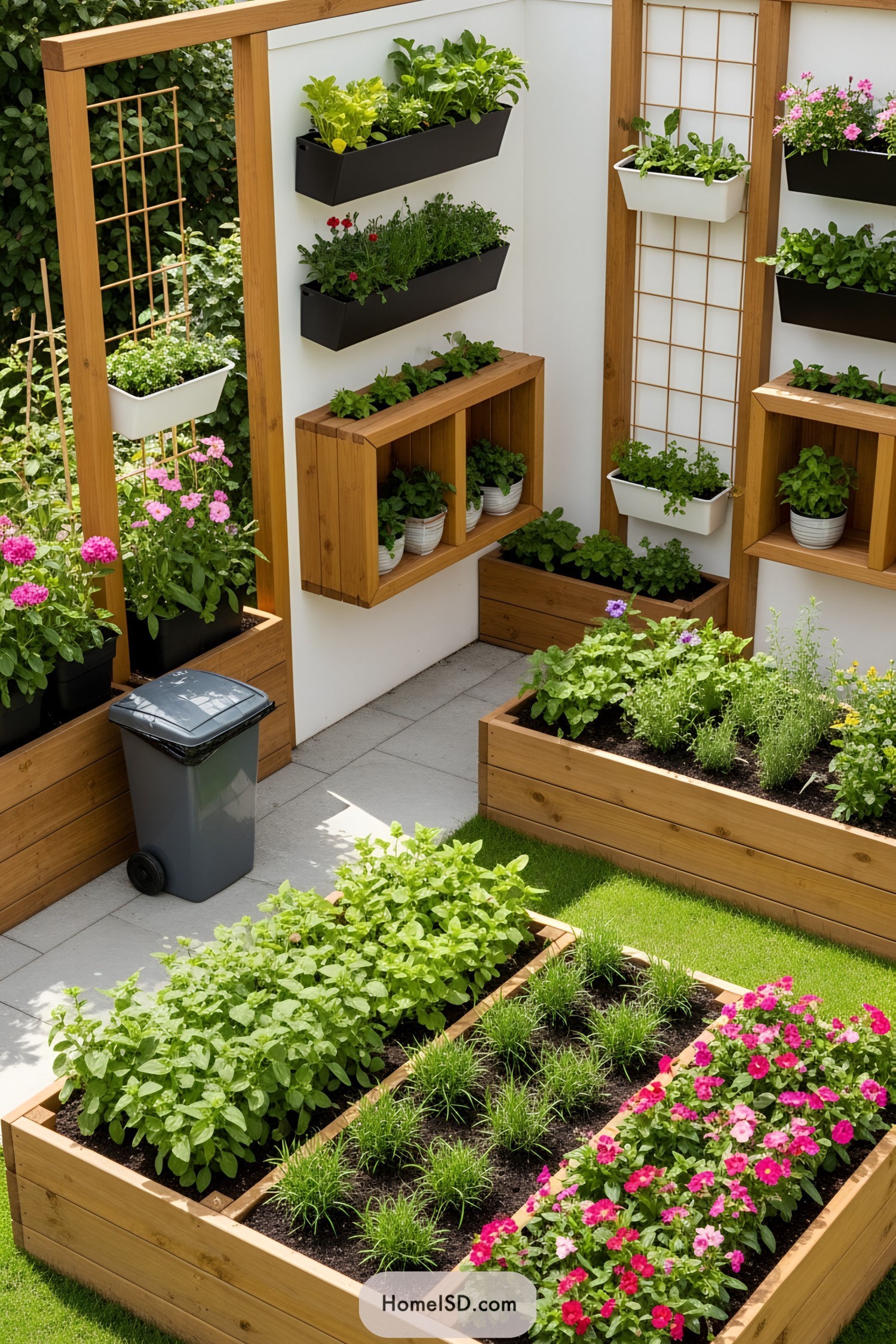 Stylish small garden with vertical planters and raised beds