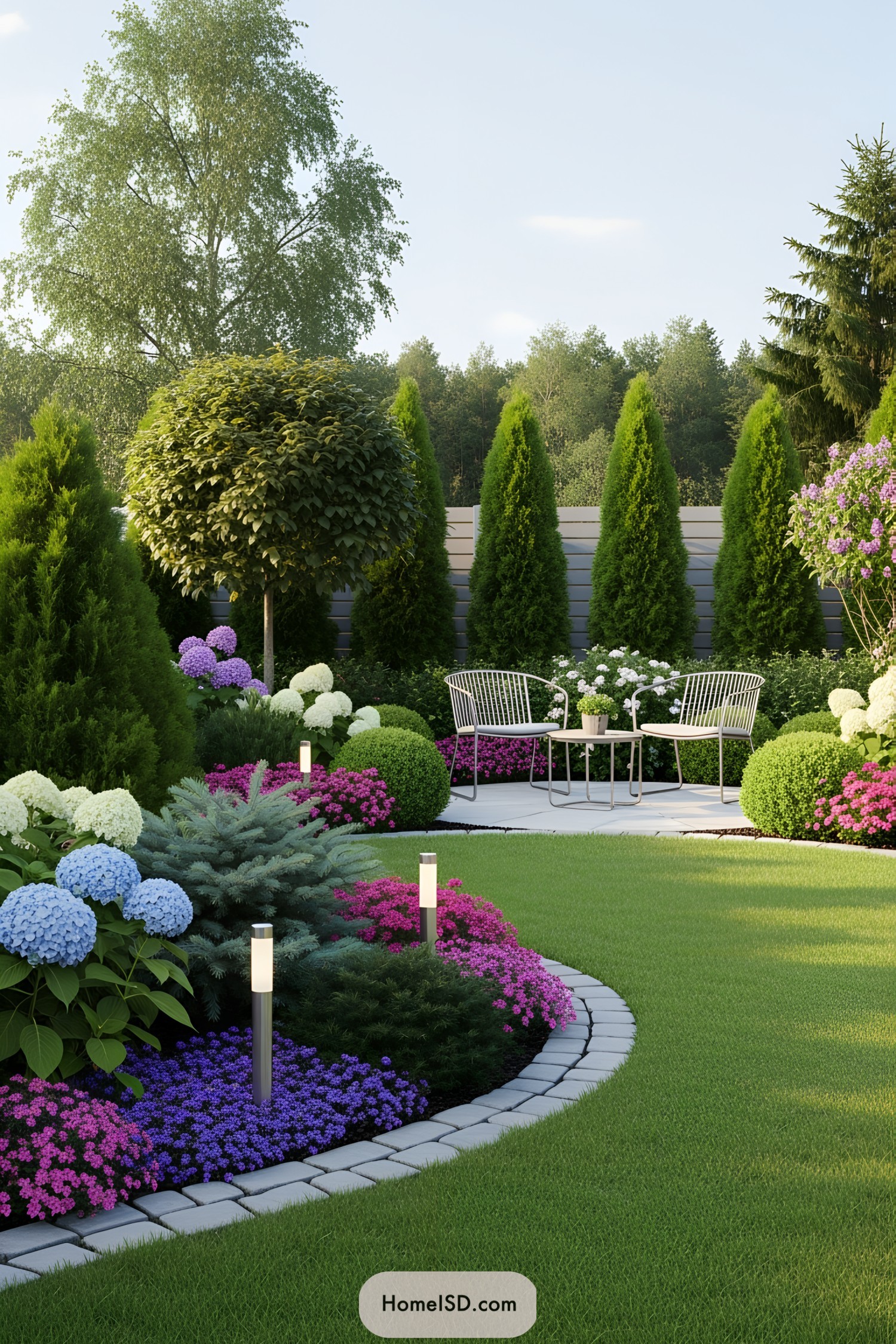 Charming garden with colorful flowers and seating area