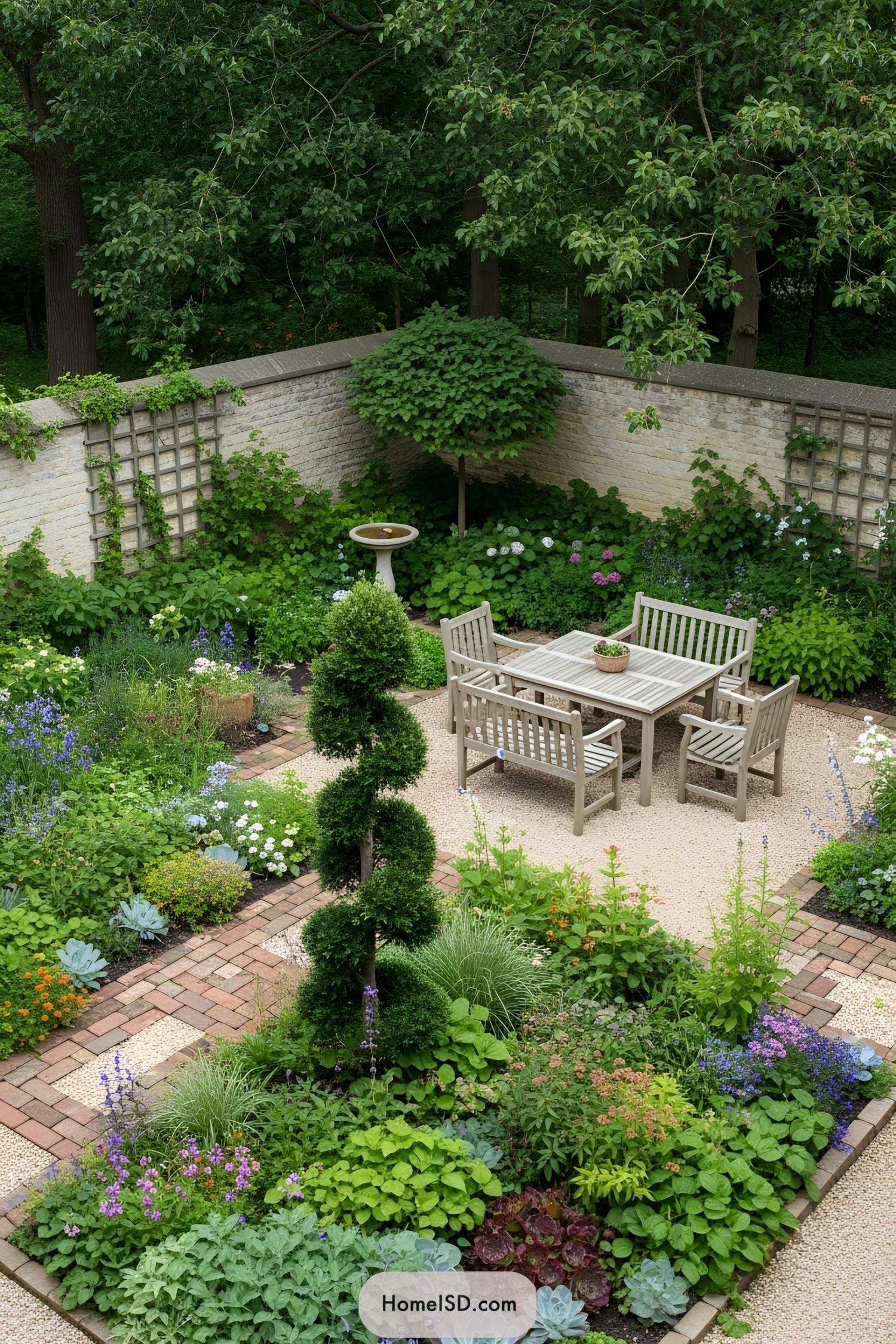 Charming garden corner with table and lush plants