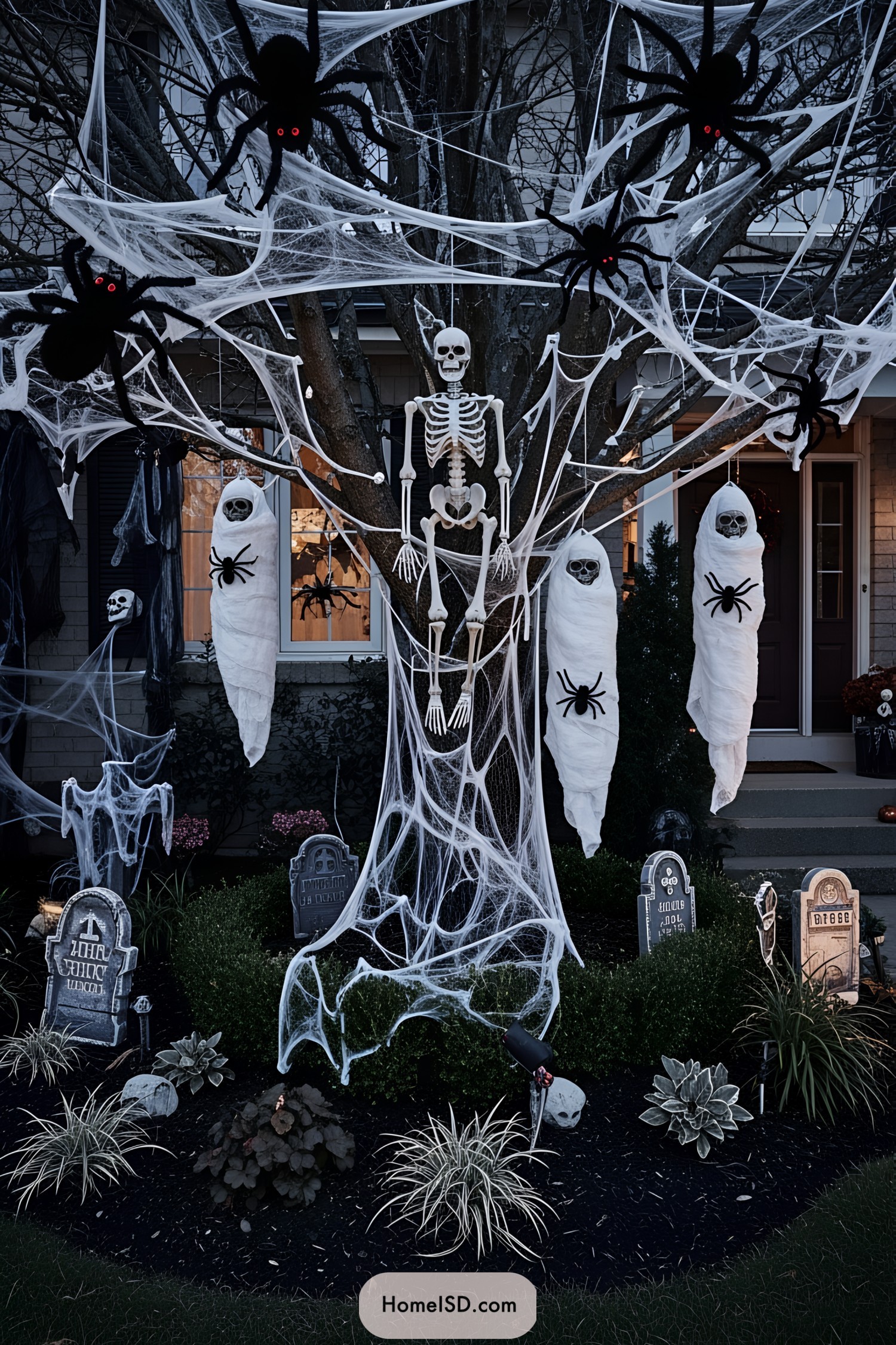 Outdoor Halloween display with skeletons, giant spiders, and tombstones