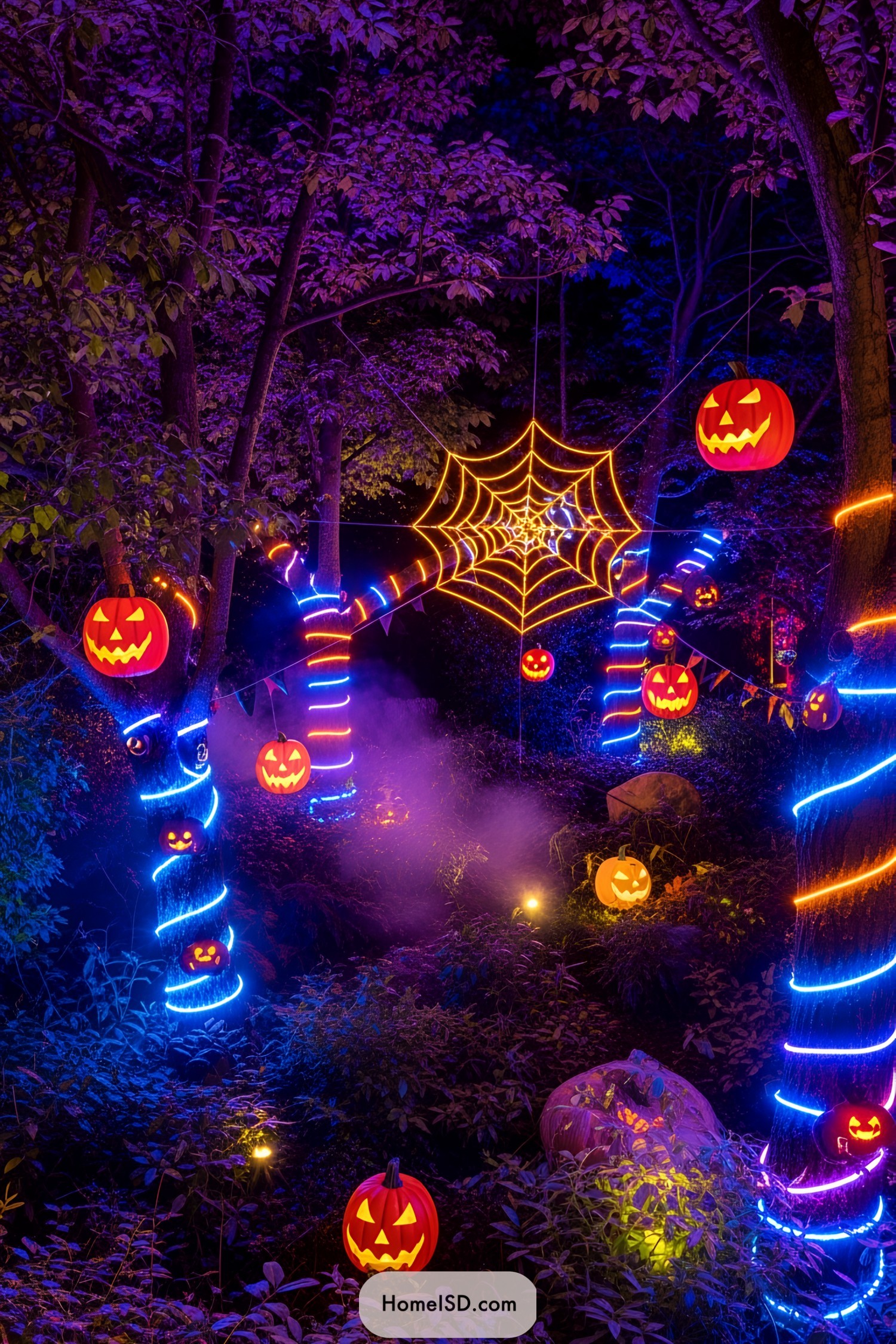 Neon lights wrap trees with jack-o'-lantern decorations