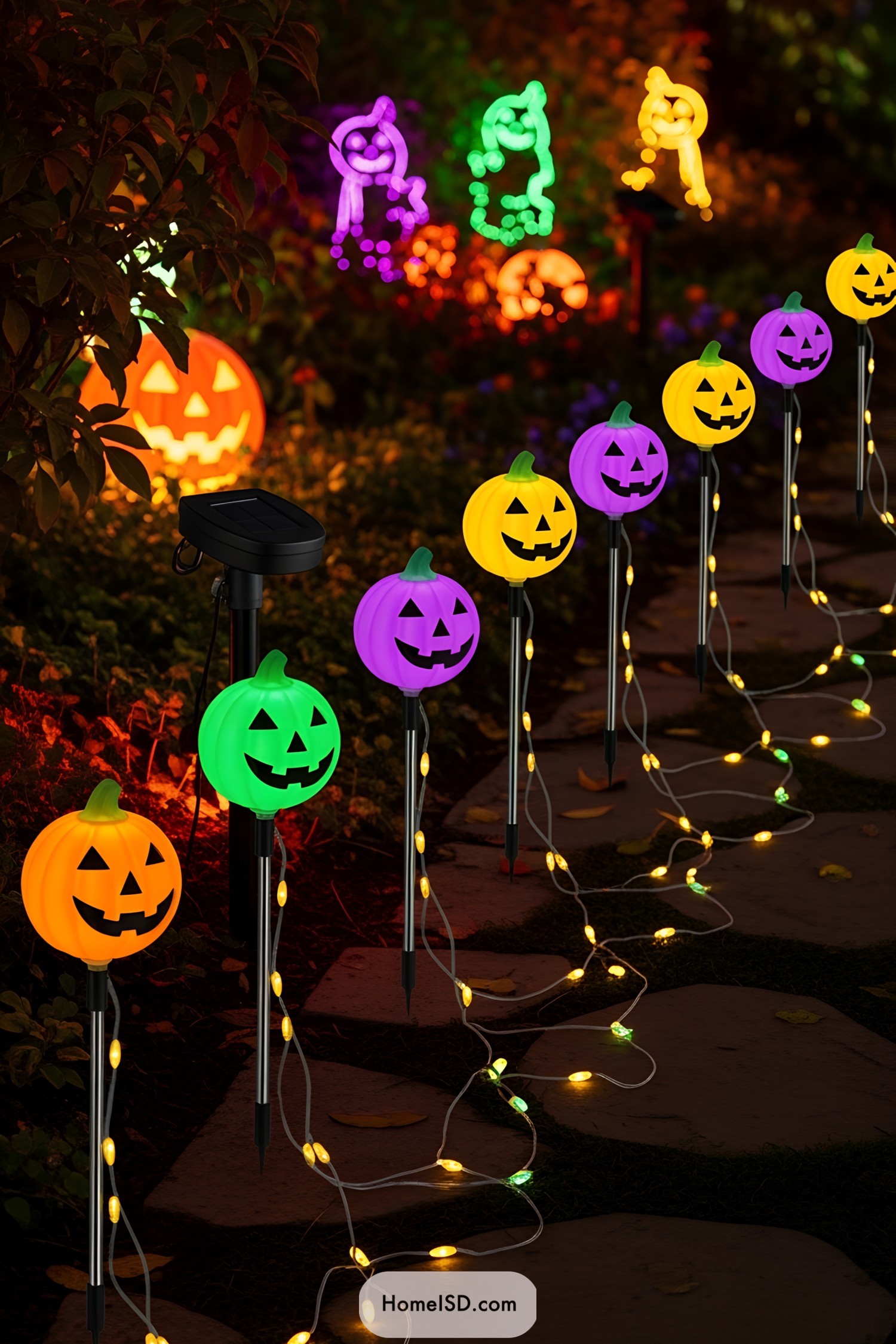 Colorful jack-o'-lantern lights lining a garden path