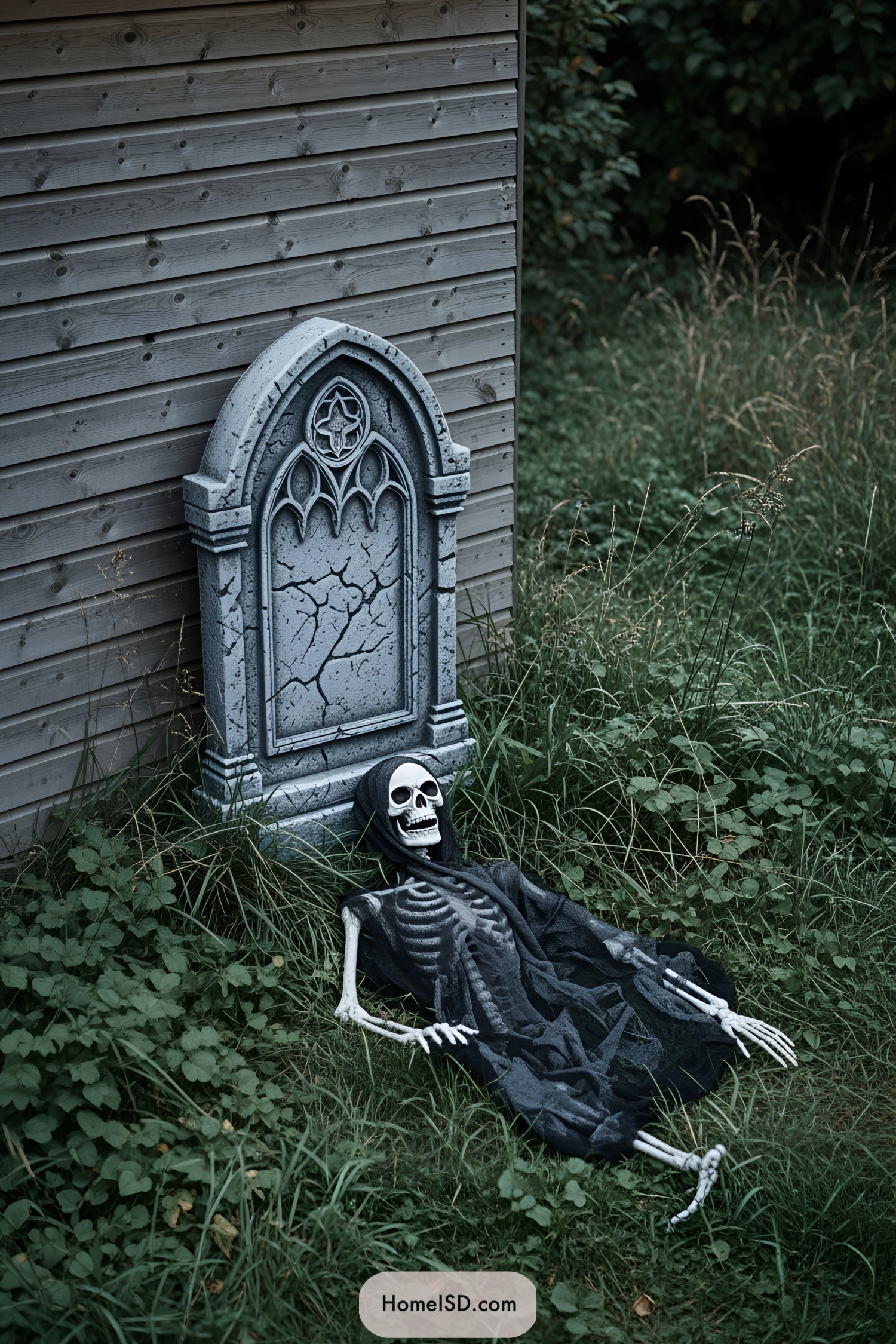 Skeleton lounging near a tombstone against a wooden wall