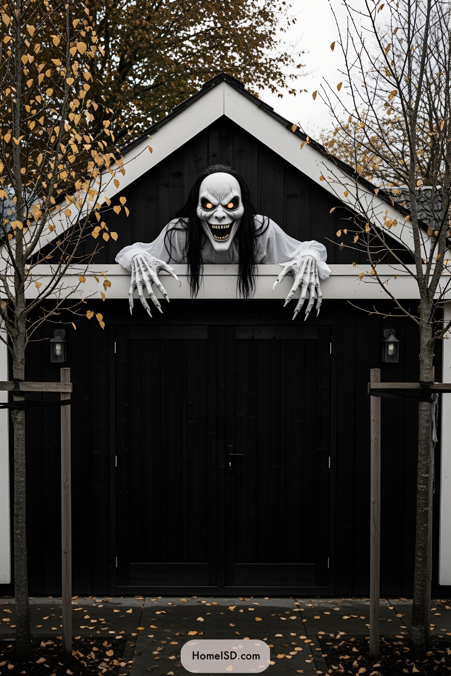 Large creepy figure with glowing eyes above a dark house entrance