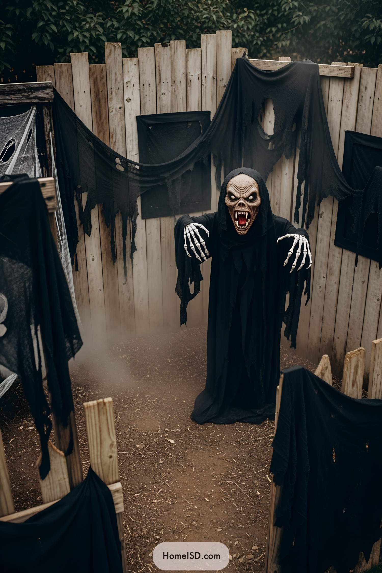 Terrifying masked figure with clawed hands in eerie wooden scene