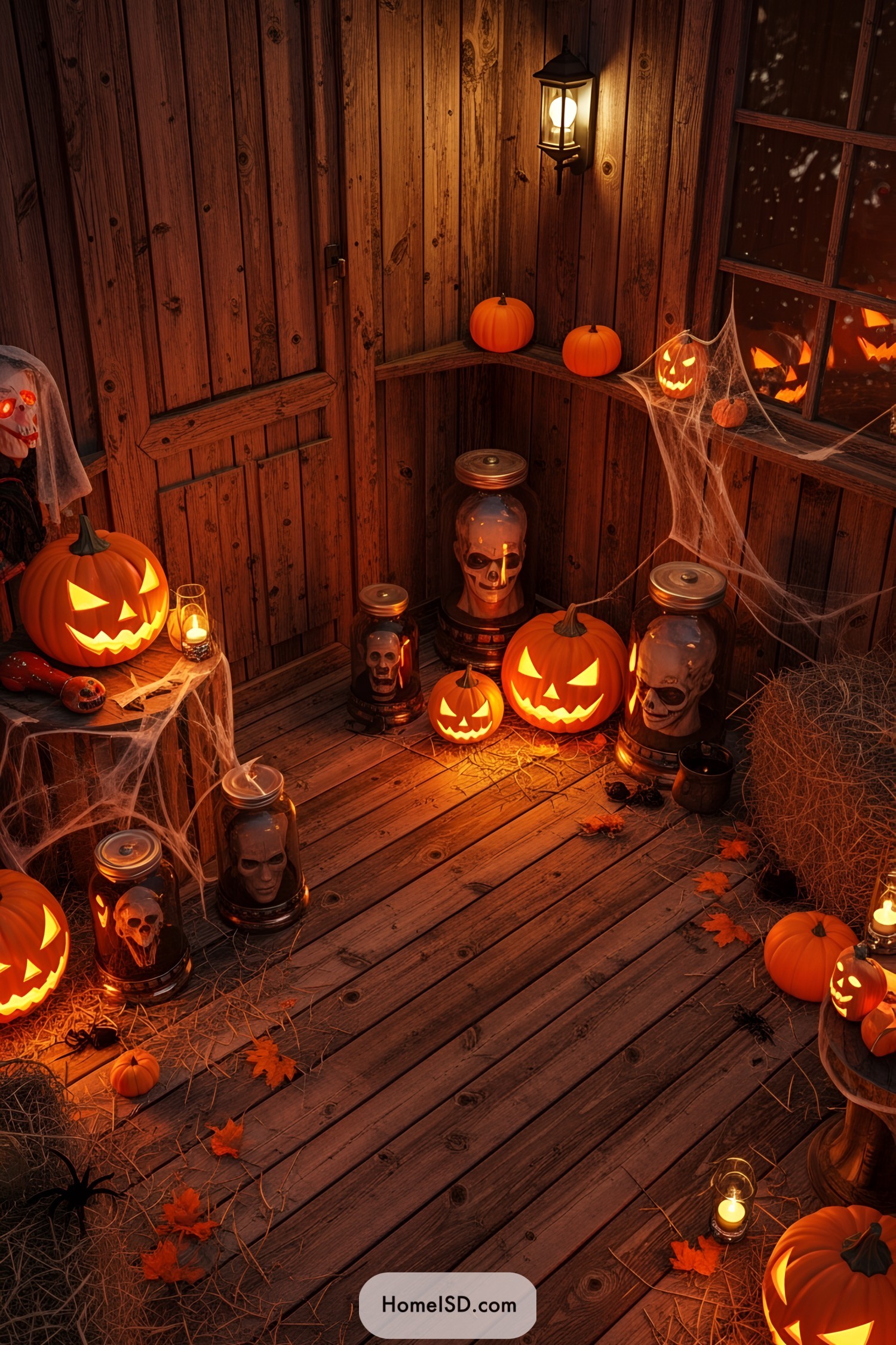 Creepy Halloween porch with pumpkins and skulls