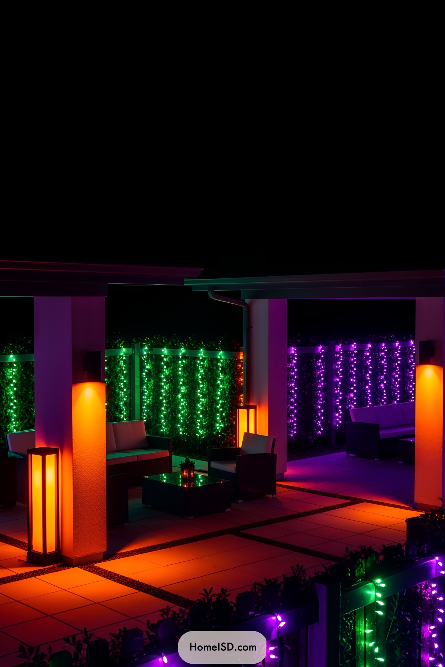 Colorful lights illuminate a stylish backyard patio