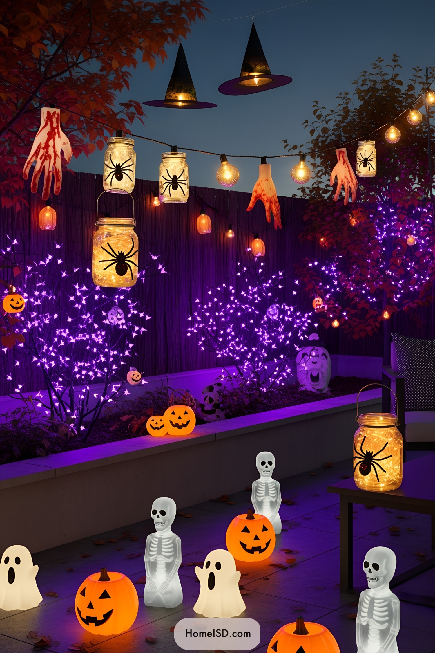 Halloween-themed backyard with glowing decorations