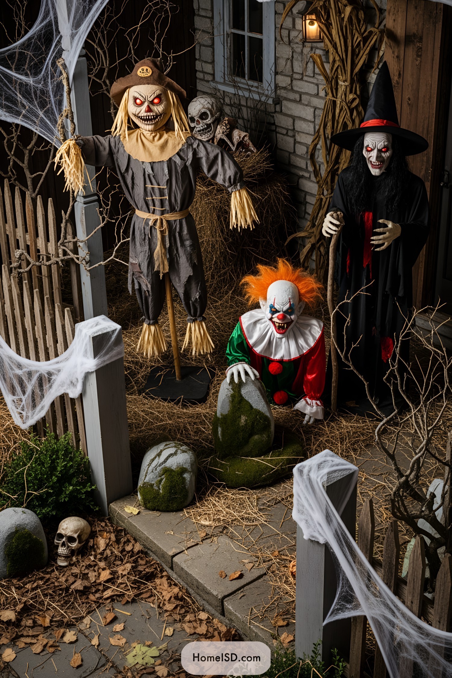 Spooky scene with creepy characters in front yard