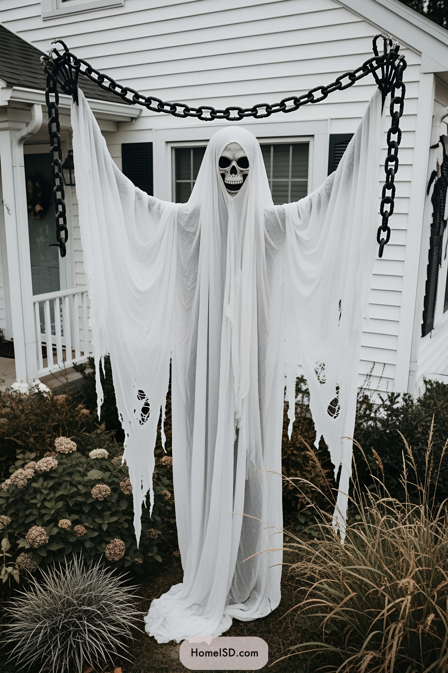 Giant ghostly figure with chains in a garden