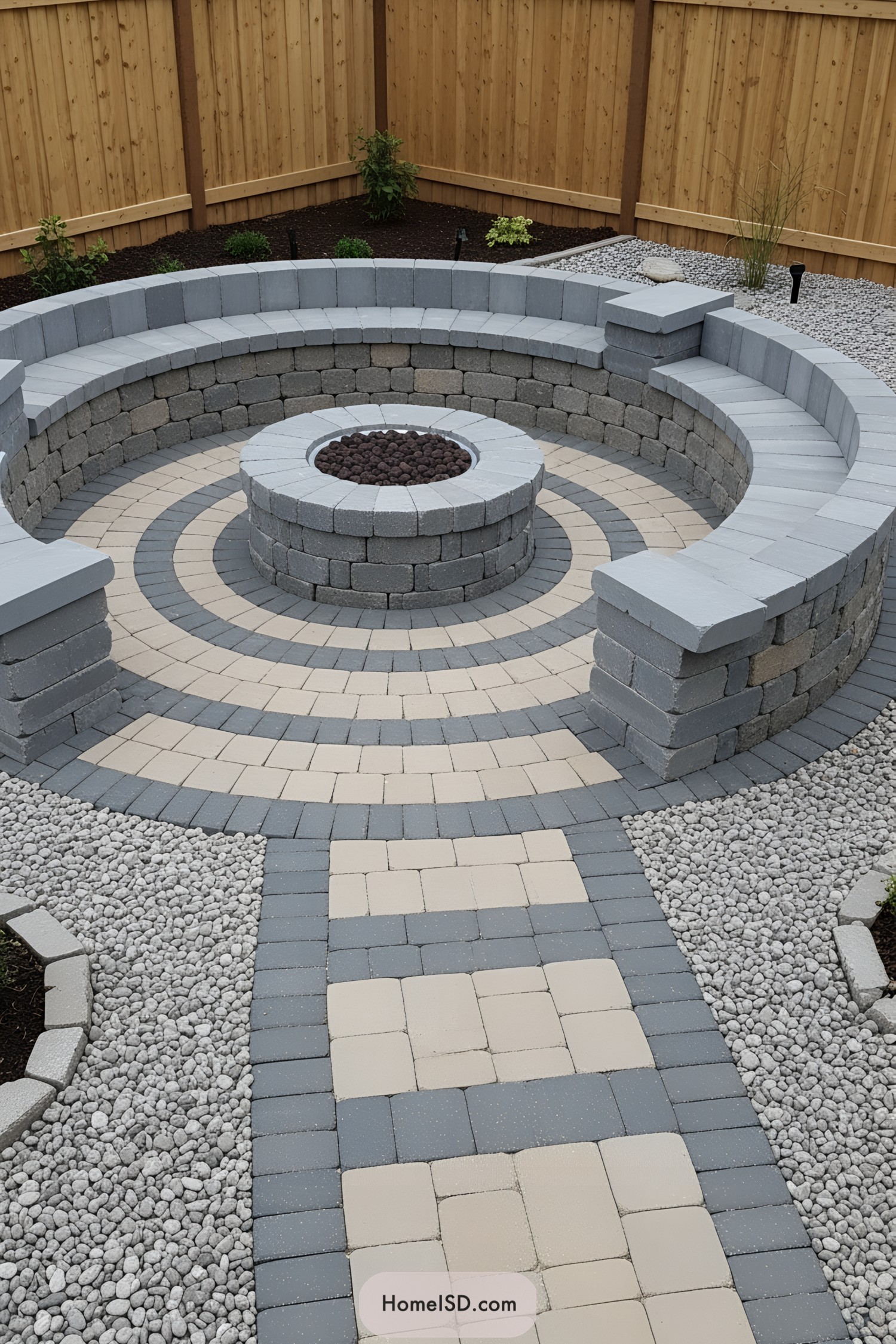 Circular paver patio with central fire pit