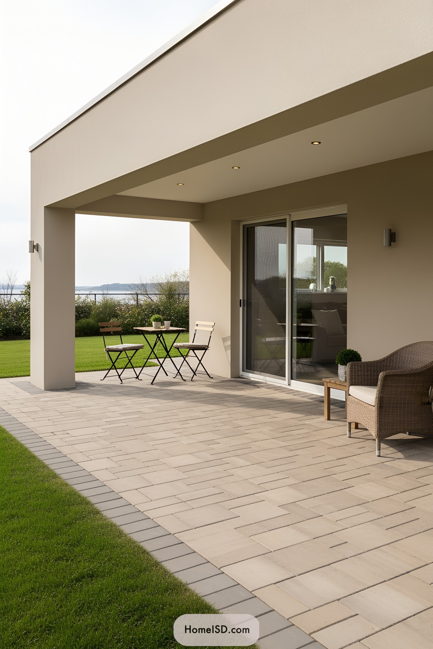 Contemporary patio with cream pavers and minimalist furniture