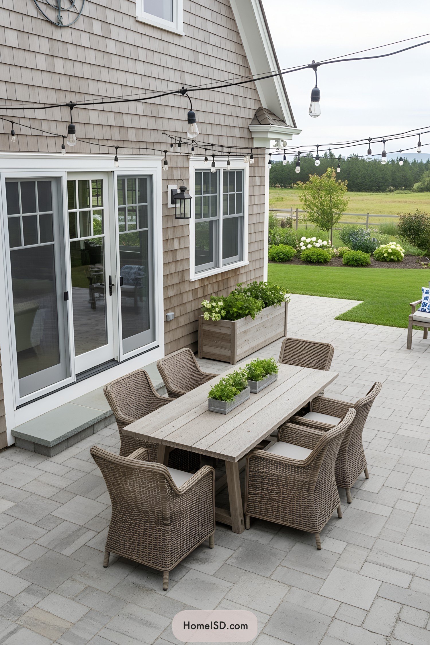 Outdoor dining setup with wicker chairs and string lights