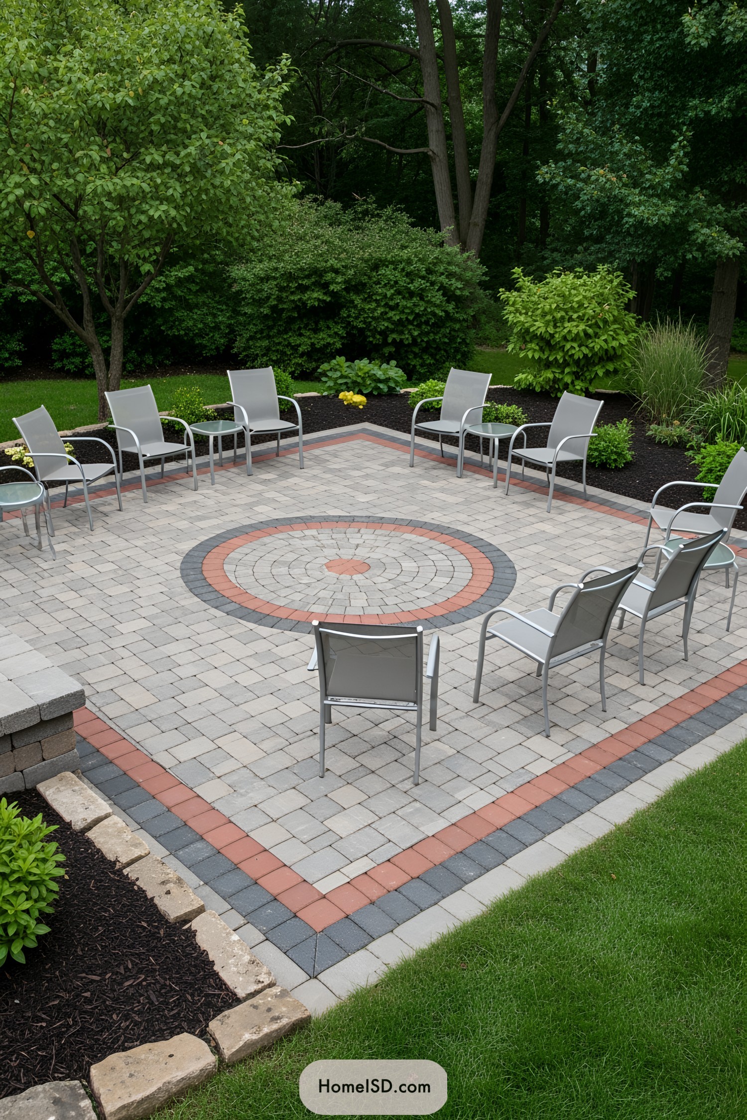 Circular paver patio with chairs surrounded by lush greenery