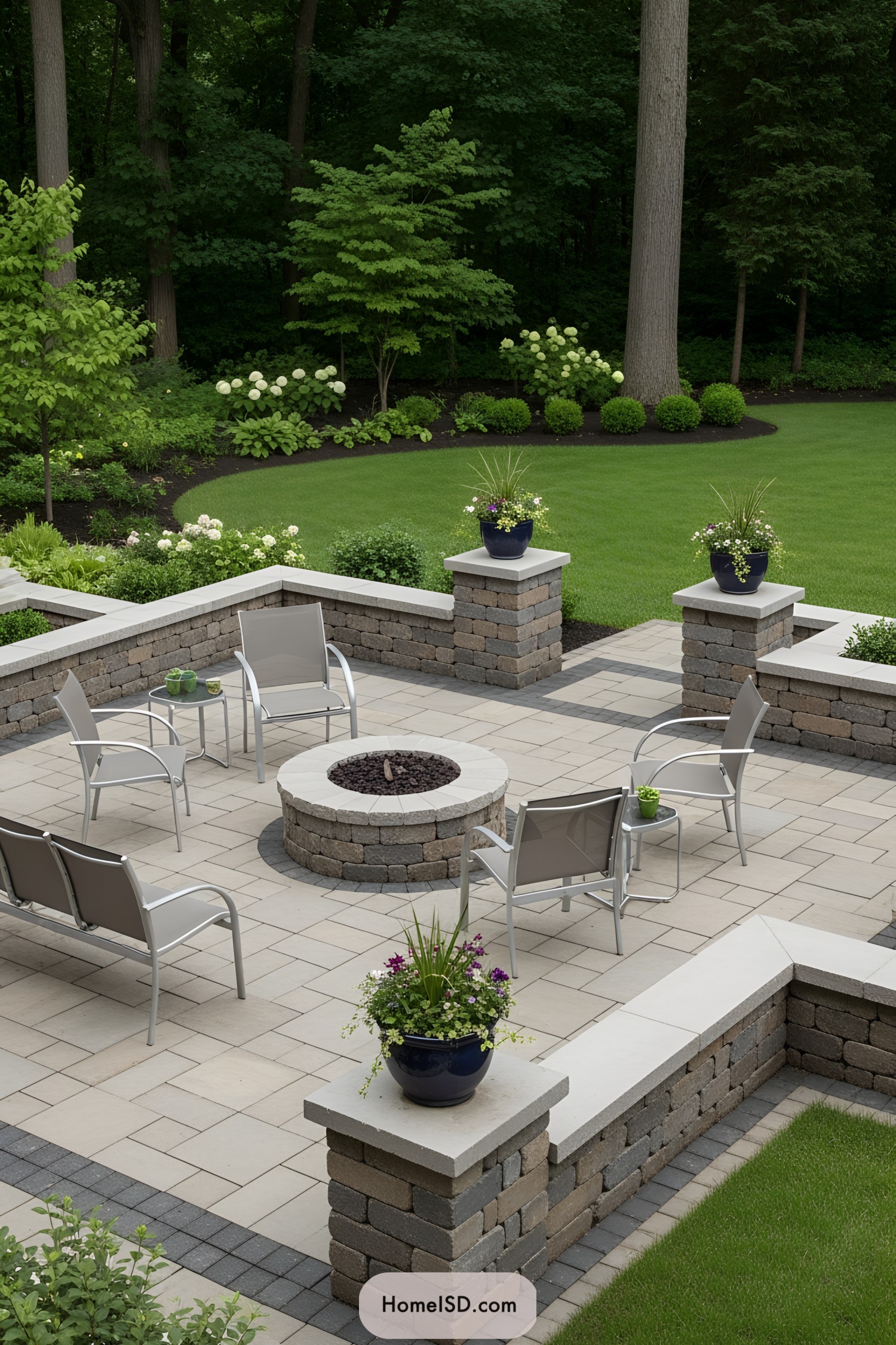 Outdoor patio with chairs and a central fire pit
