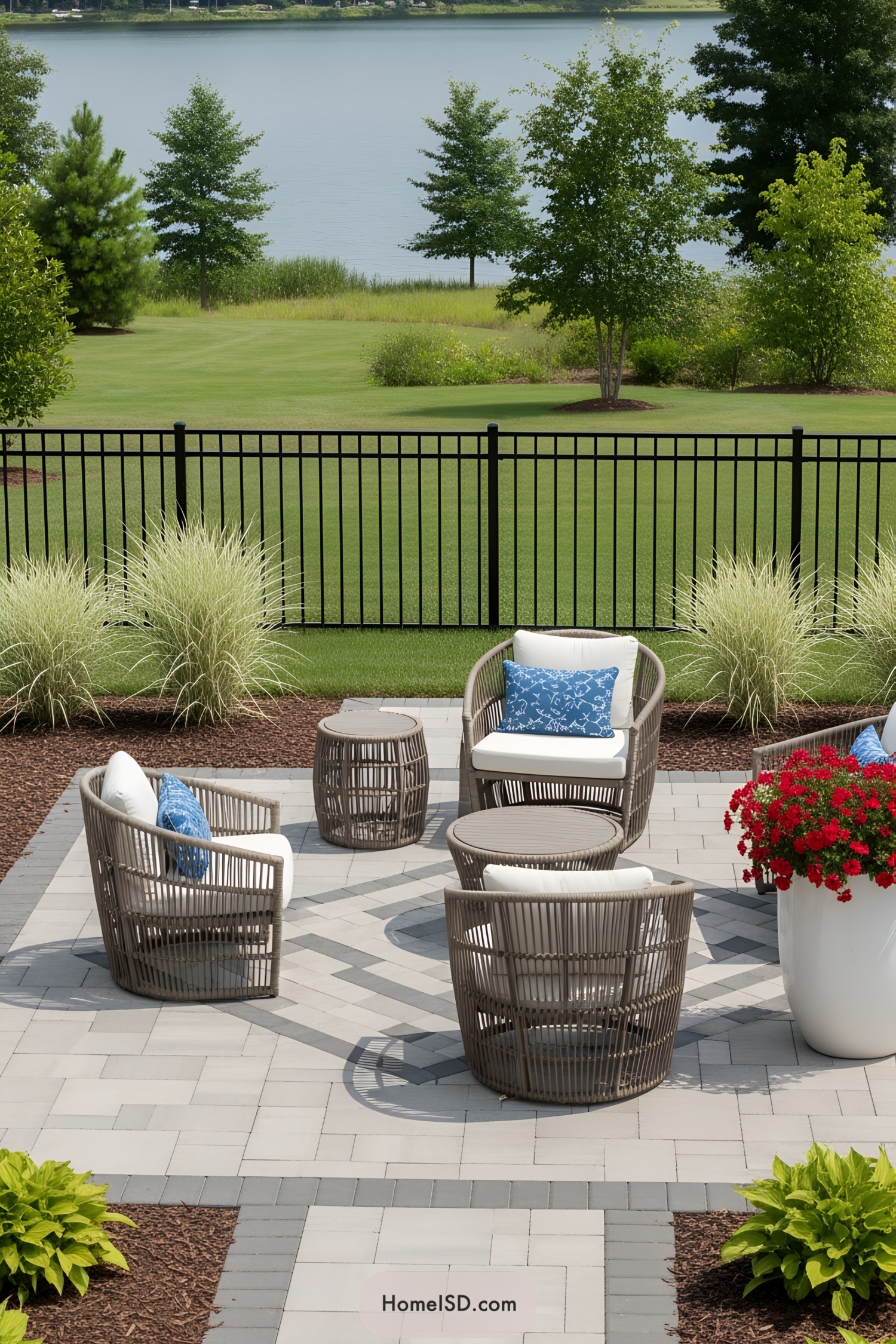 Outdoor seating area with woven chairs and lush greenery