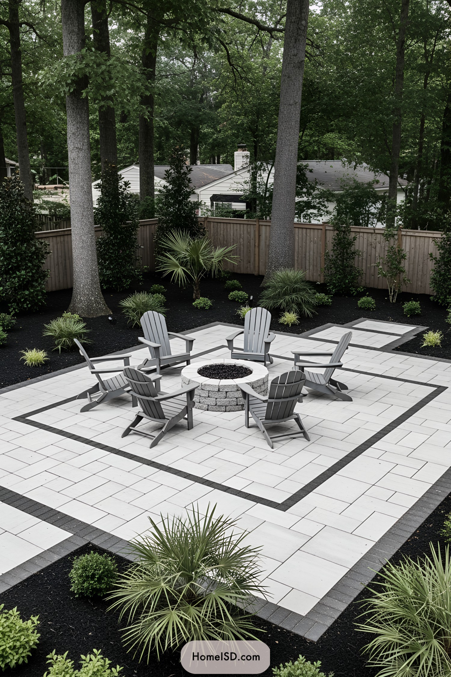 Gray paver patio with a central fire pit and chairs