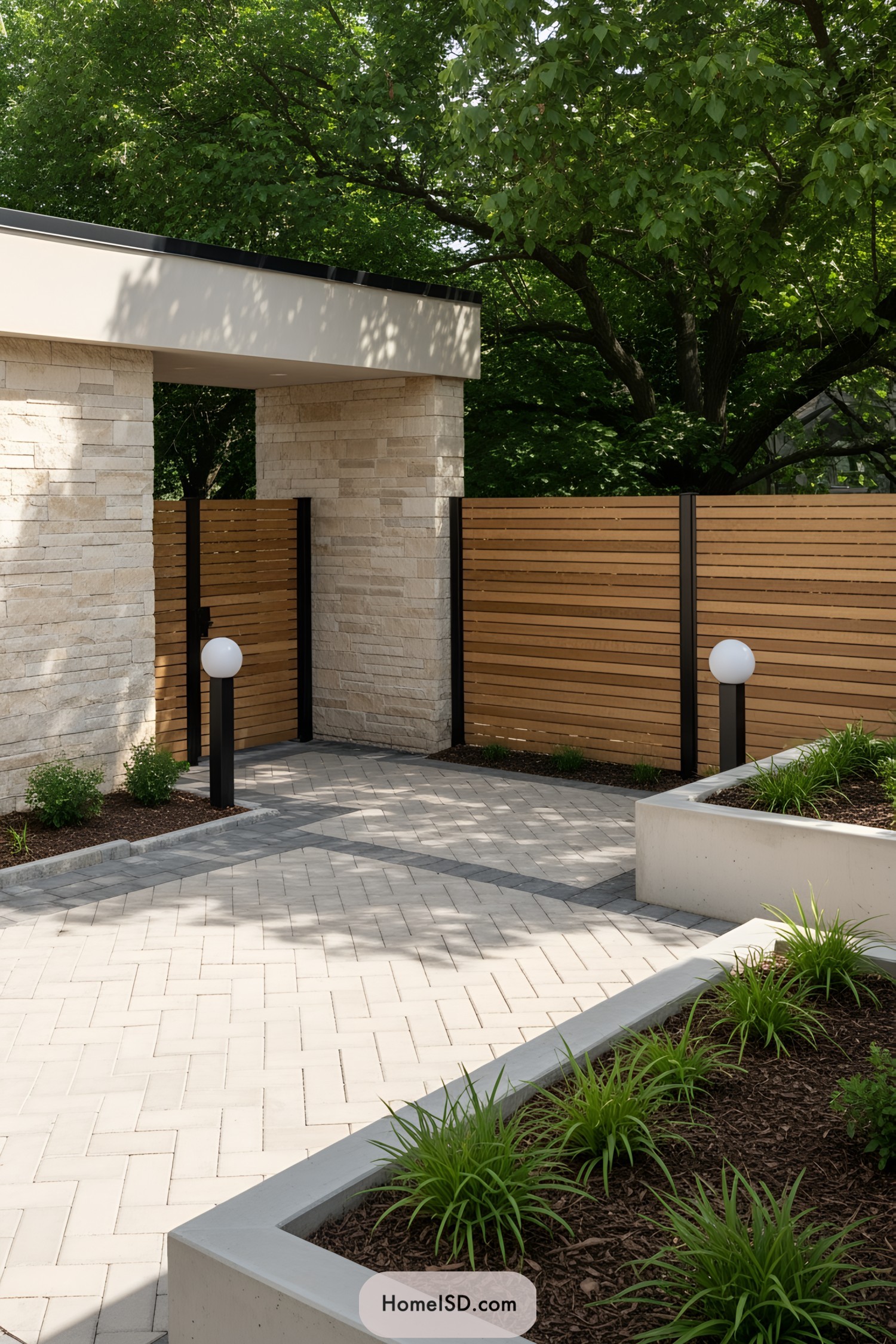 Modern patio with clean lines and lush greenery