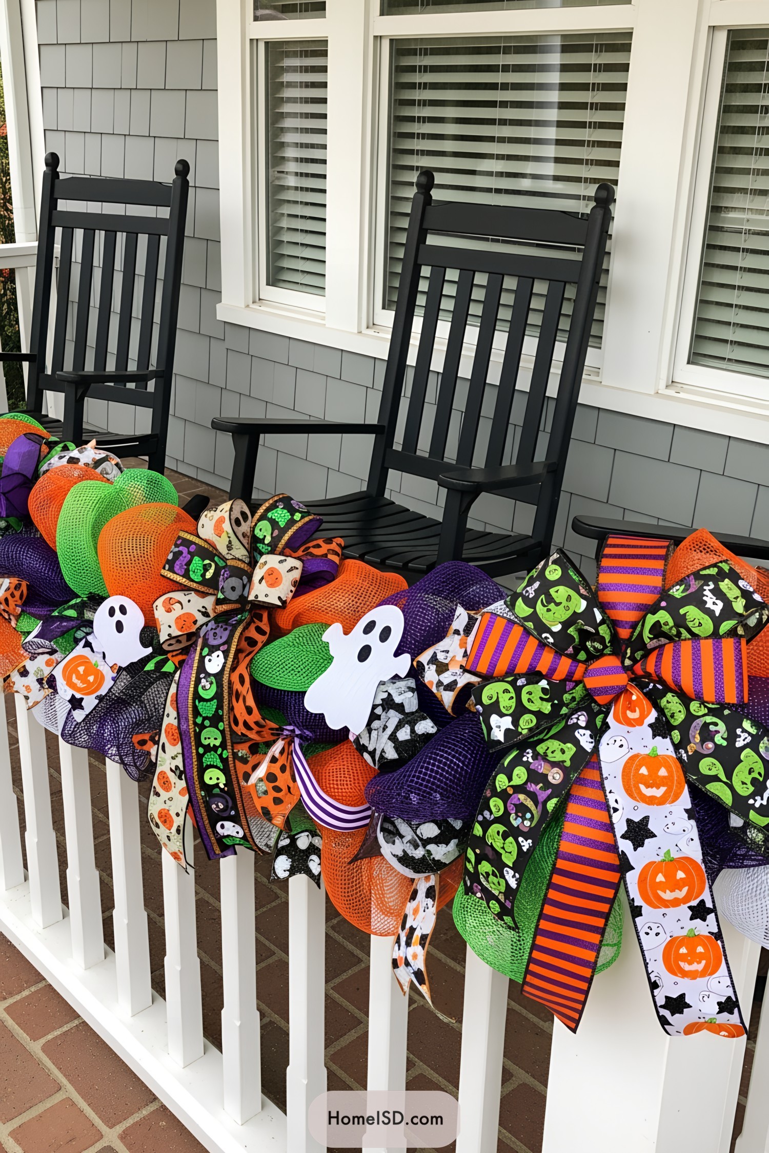 Halloween-themed garland with ribbons and ghosts on a porch railing