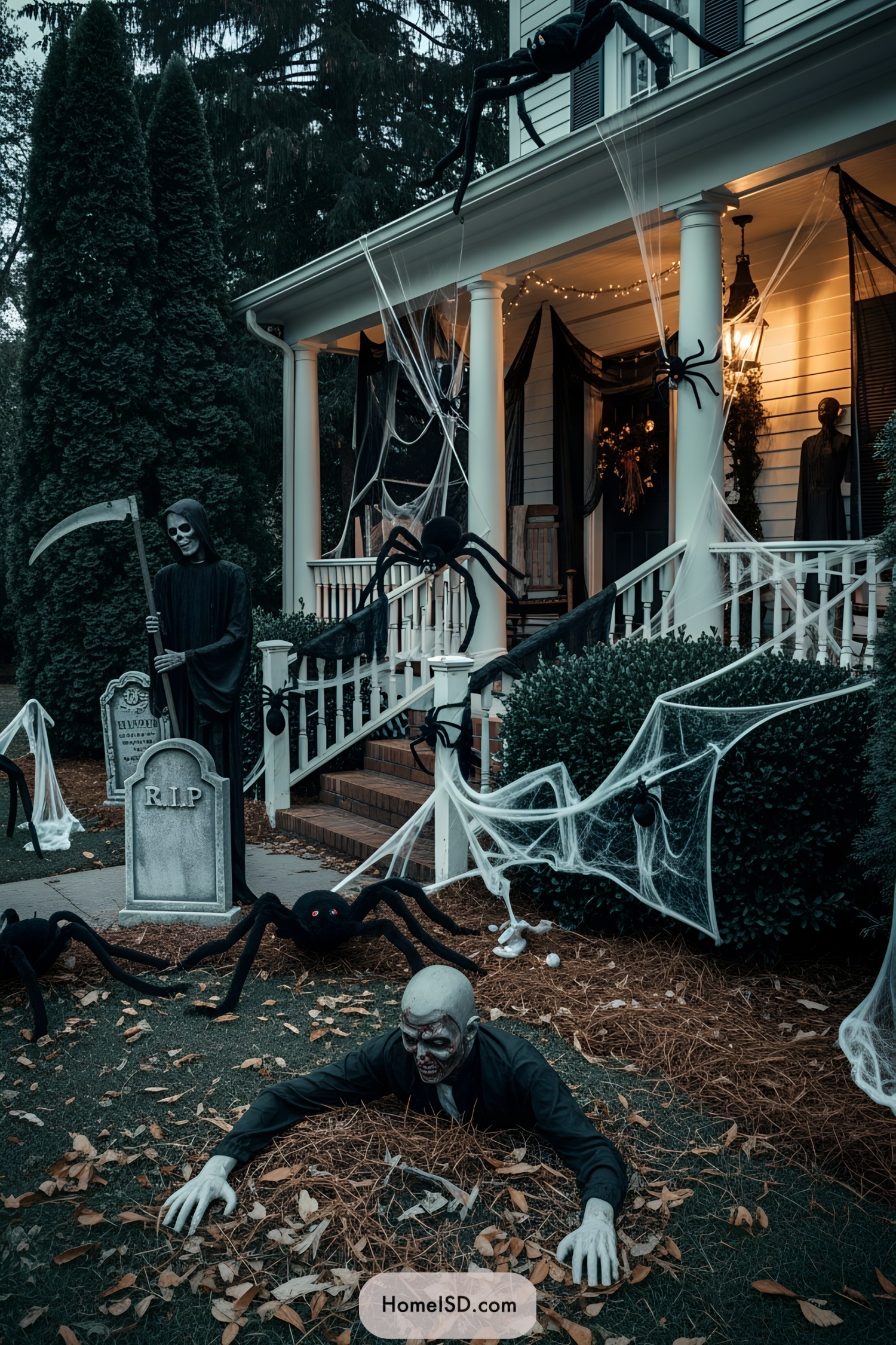 Spooky front yard with giant spiders and skeletons